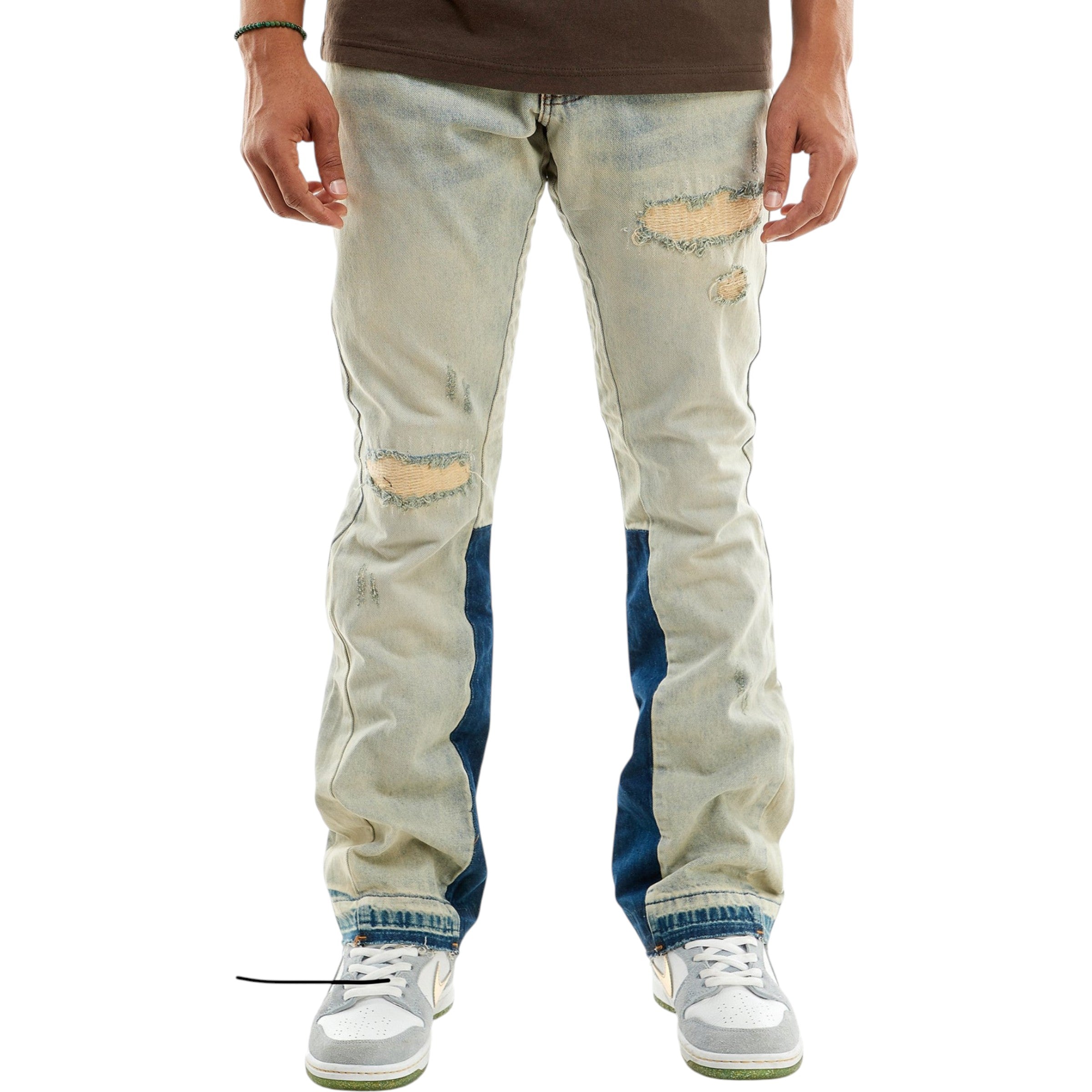 Men's Rip Repaired Stacked Flare Denim In Tint Blue
