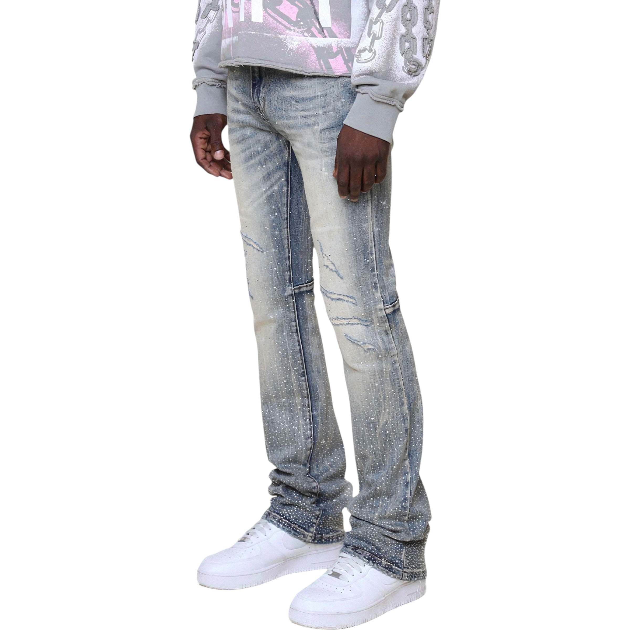 Men's All Rhinestone Stacked Flare Denim In Mojave Blue