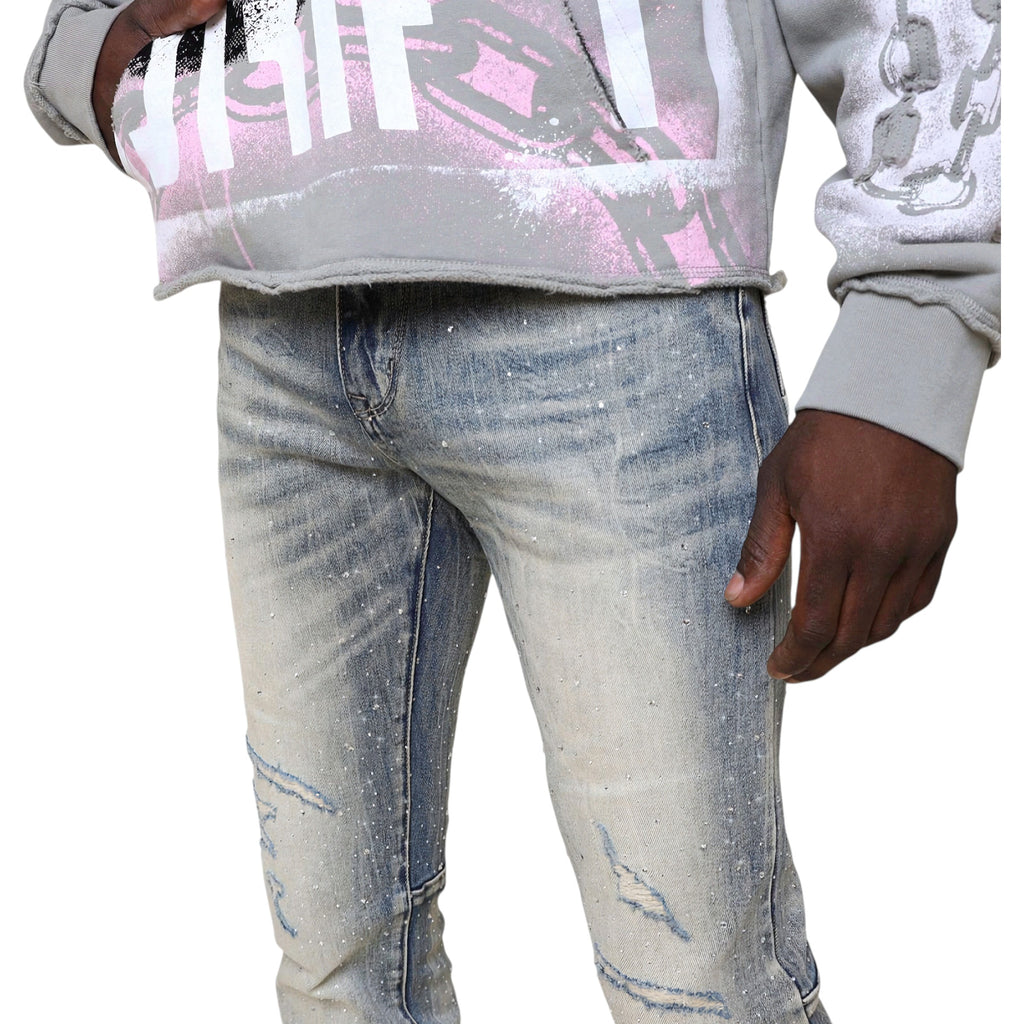 Men's All Rhinestone Stacked Flare Denim In Mojave Blue