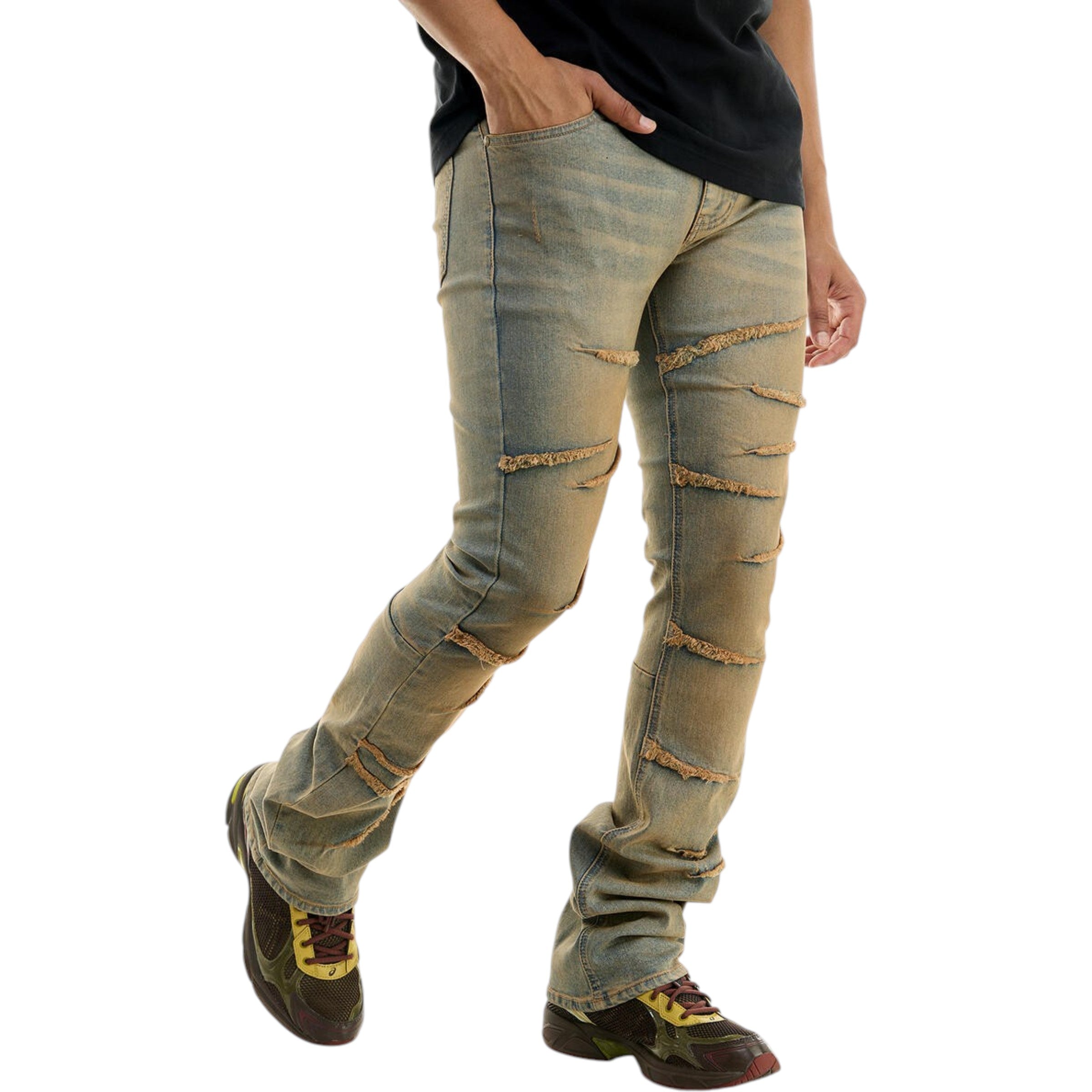 Men's Raw Edge Skinny Stacked Flare Denim In Timber Blue