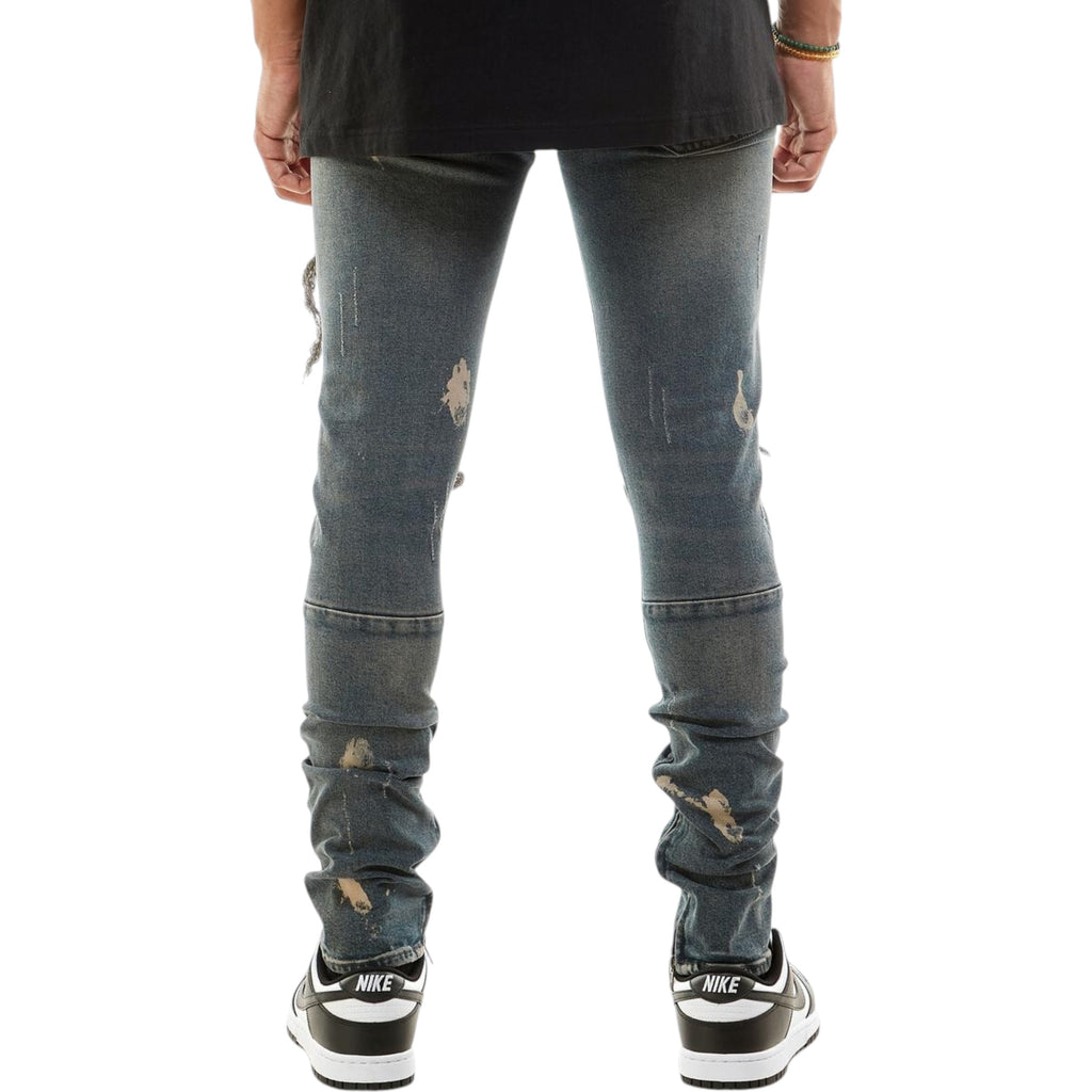 Men's Skinny Fit  Destroyed Knee Ankle Zip Denim In Steel Blue