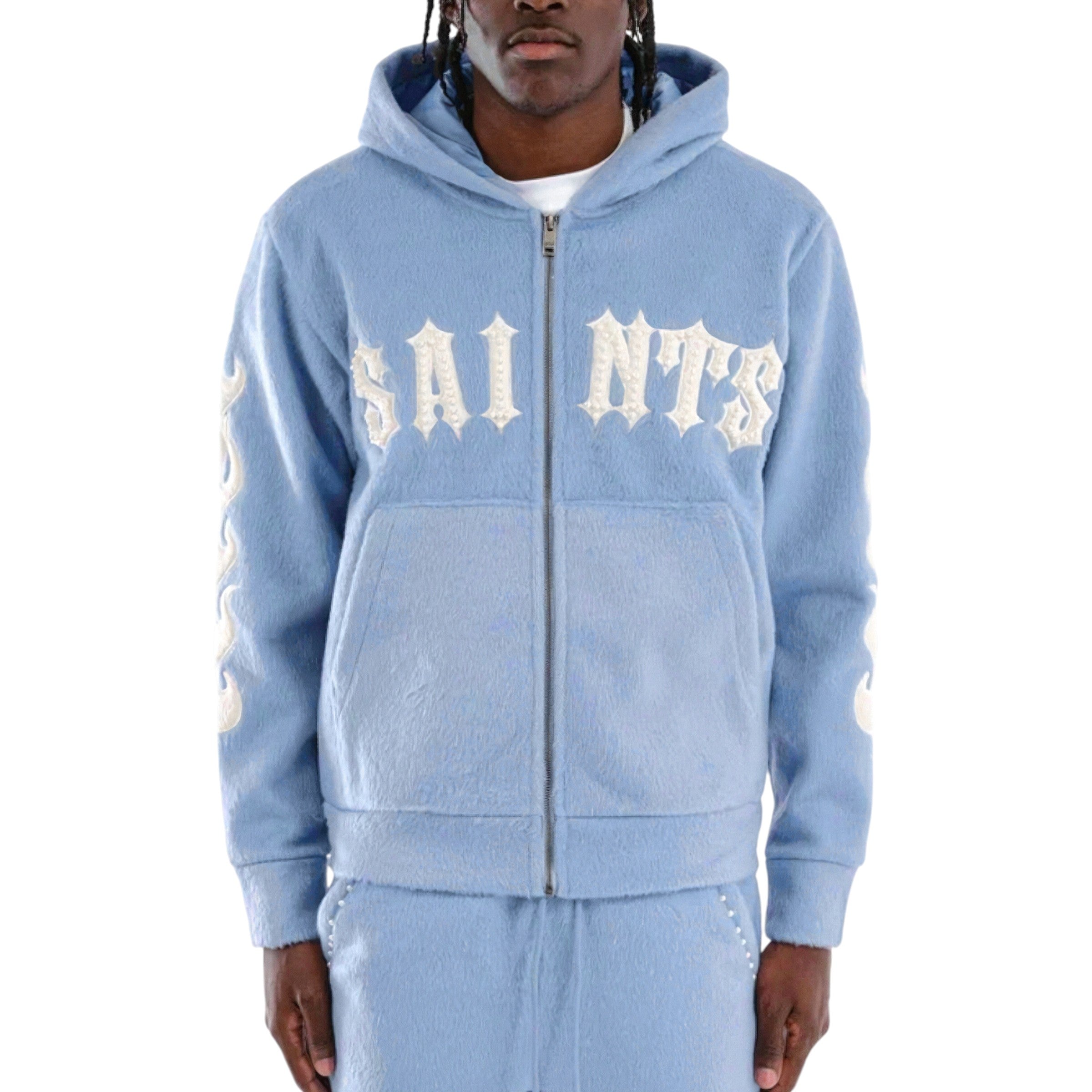 Men's  Zip Hoodie Saints Mohair Pearl Embroidery In Light Blue