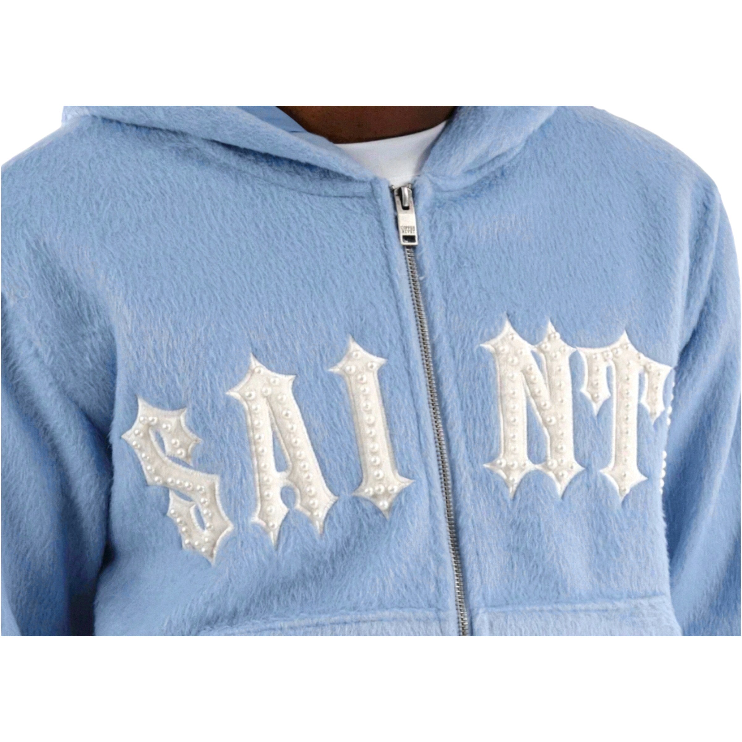 Men's  Zip Hoodie Saints Mohair Pearl Embroidery In Light Blue