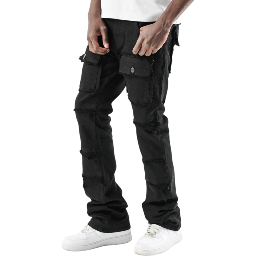 Men's Twill Multi Pockets Stacked Flare Denim In Black