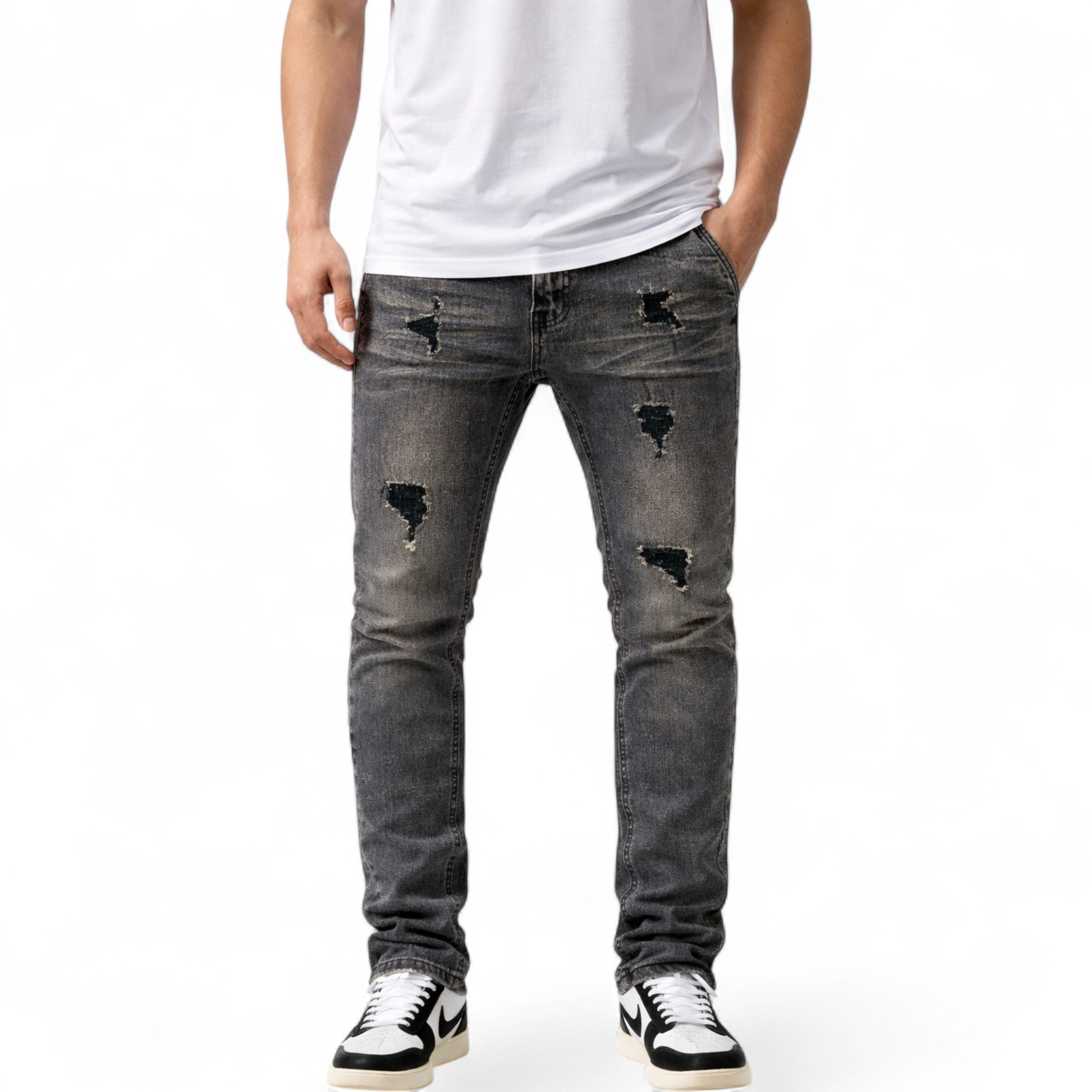 Men's Skinny Fit Plain Rips Denim In Black Wash