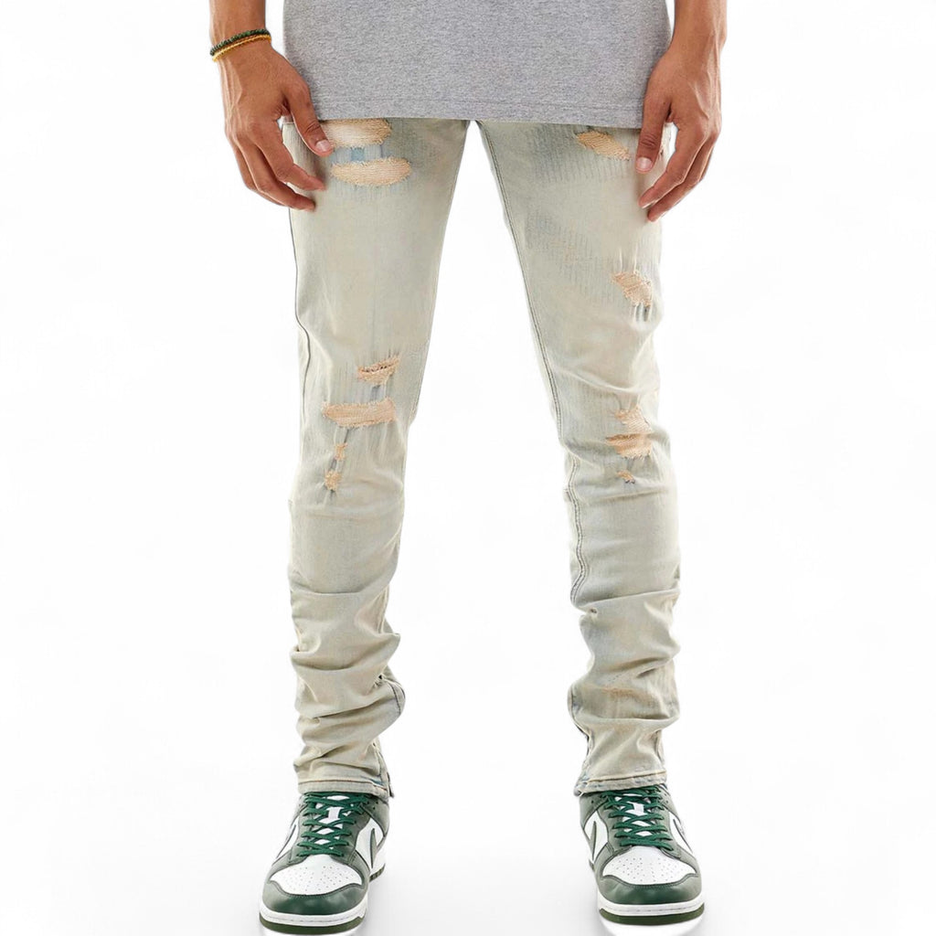 Men's Skinny Fit  All-Over Stitch Ankle Zip Denim In VT. Light Blue