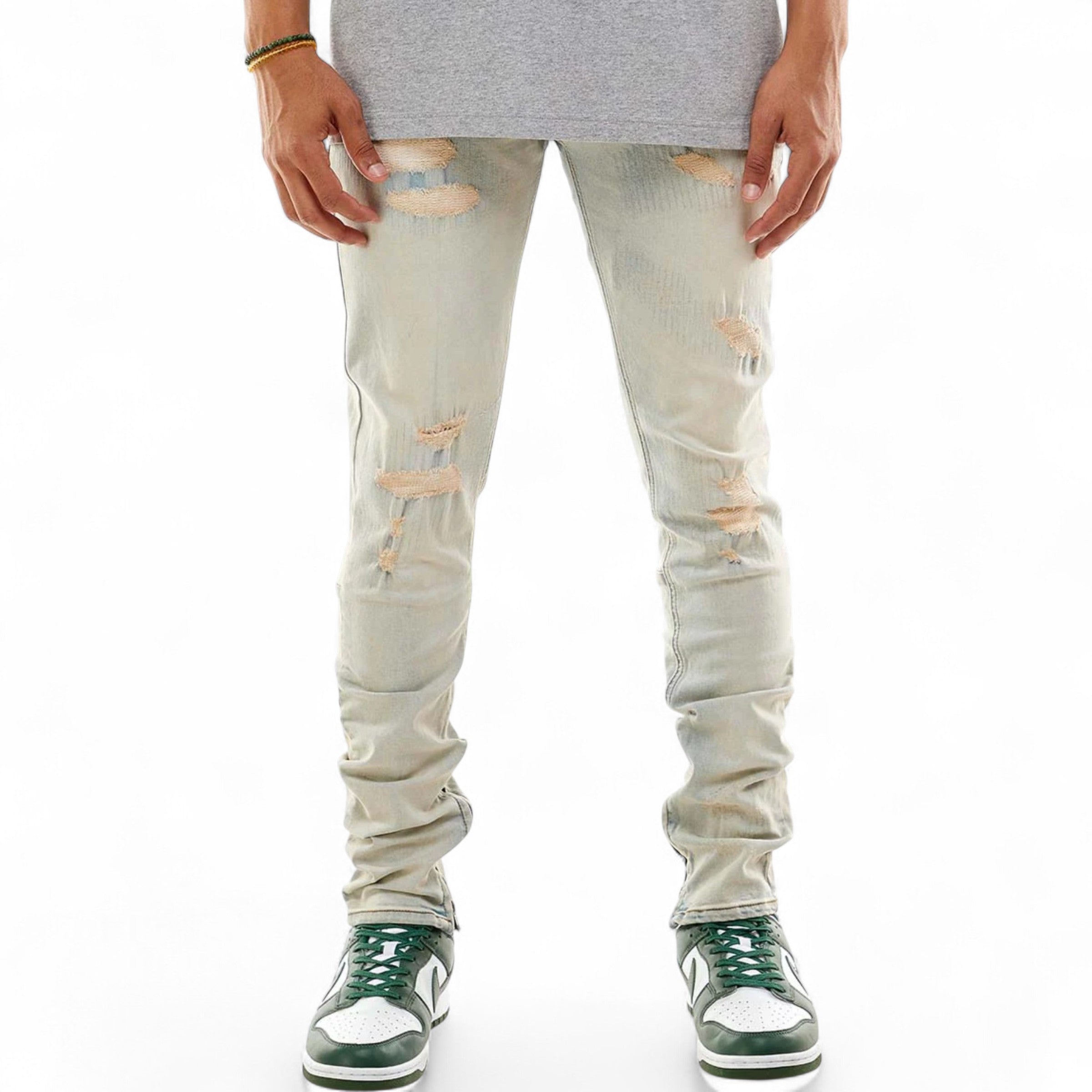 Men's Skinny Fit  All-Over Stitch Ankle Zip Denim In VT. Light Blue