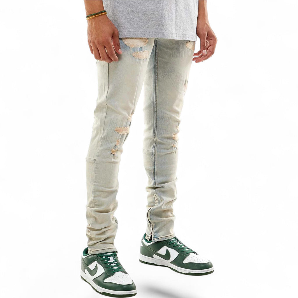 Men's Skinny Fit  All-Over Stitch Ankle Zip Denim In VT. Light Blue