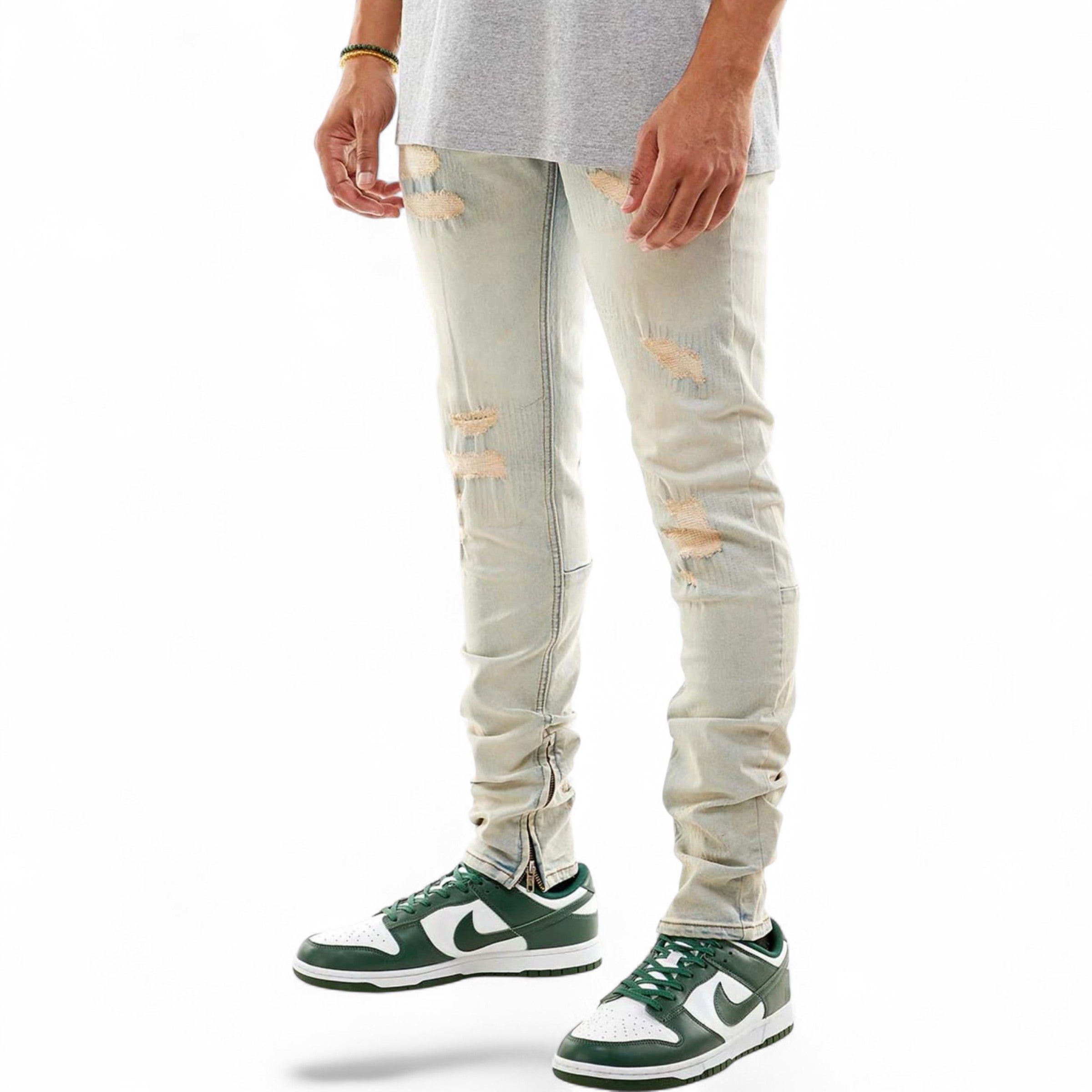 Men's Skinny Fit  All-Over Stitch Ankle Zip Denim In VT. Light Blue