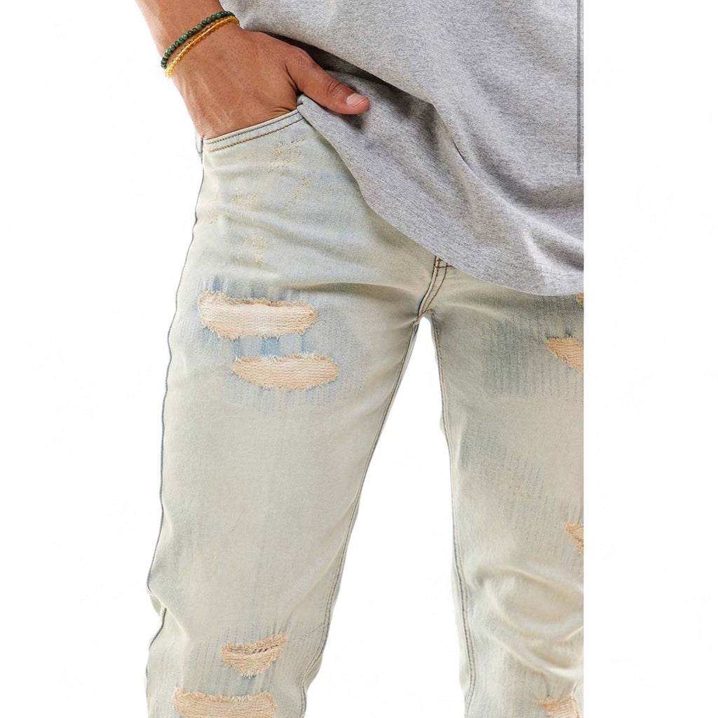 Men's Skinny Fit  All-Over Stitch Ankle Zip Denim In VT. Light Blue