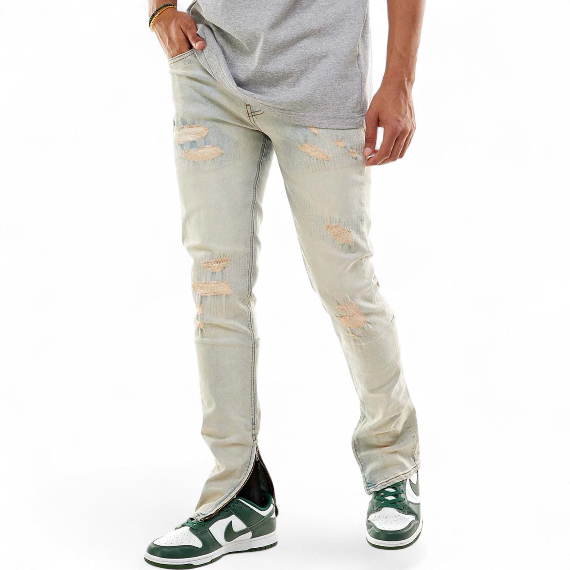 Men's Skinny Fit  All-Over Stitch Ankle Zip Denim In VT. Light Blue