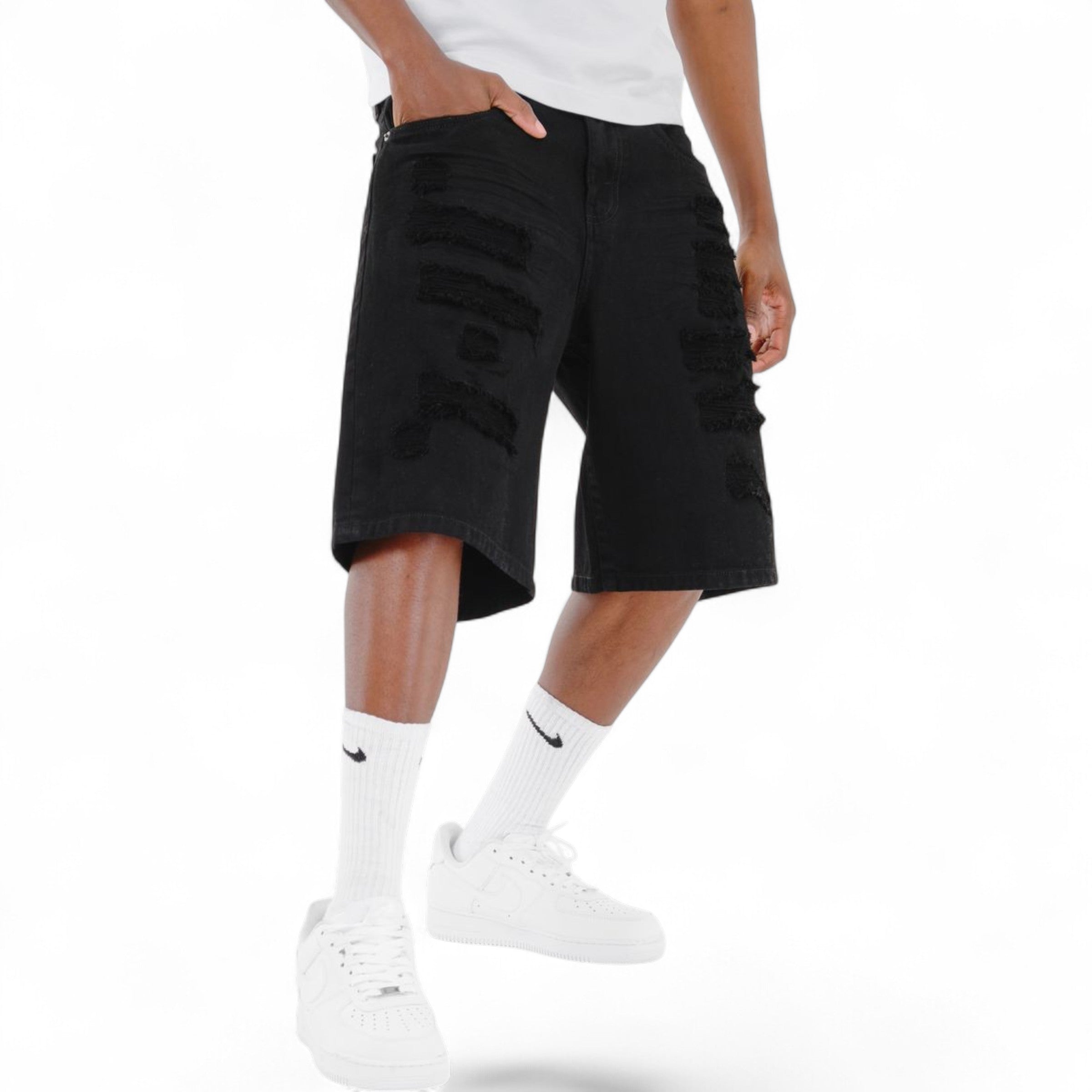 Men's Rip & Repair Relax Fit Denim Shorts In Black