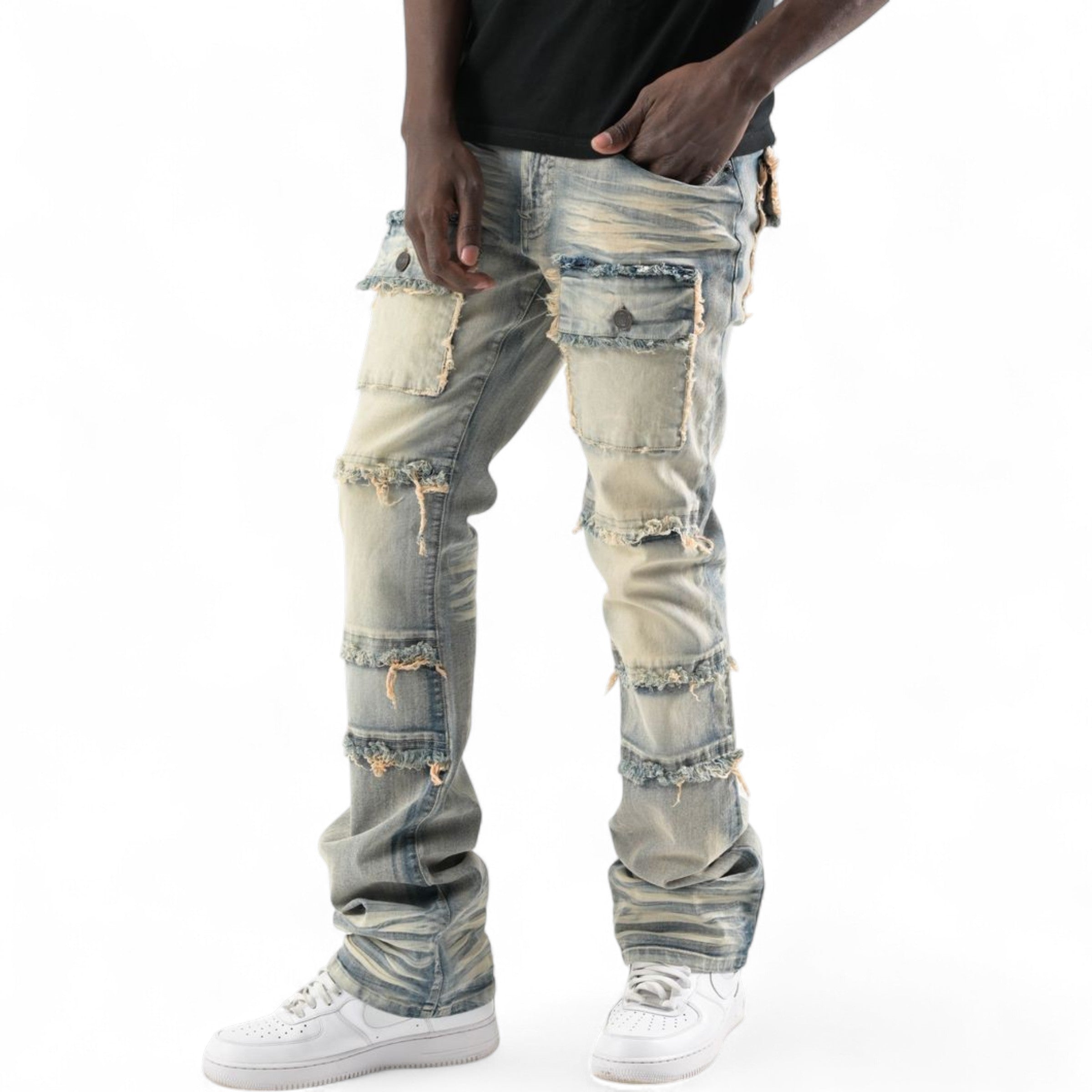 Men's Twill Multi Pockets Stacked Flare Denim In Tint