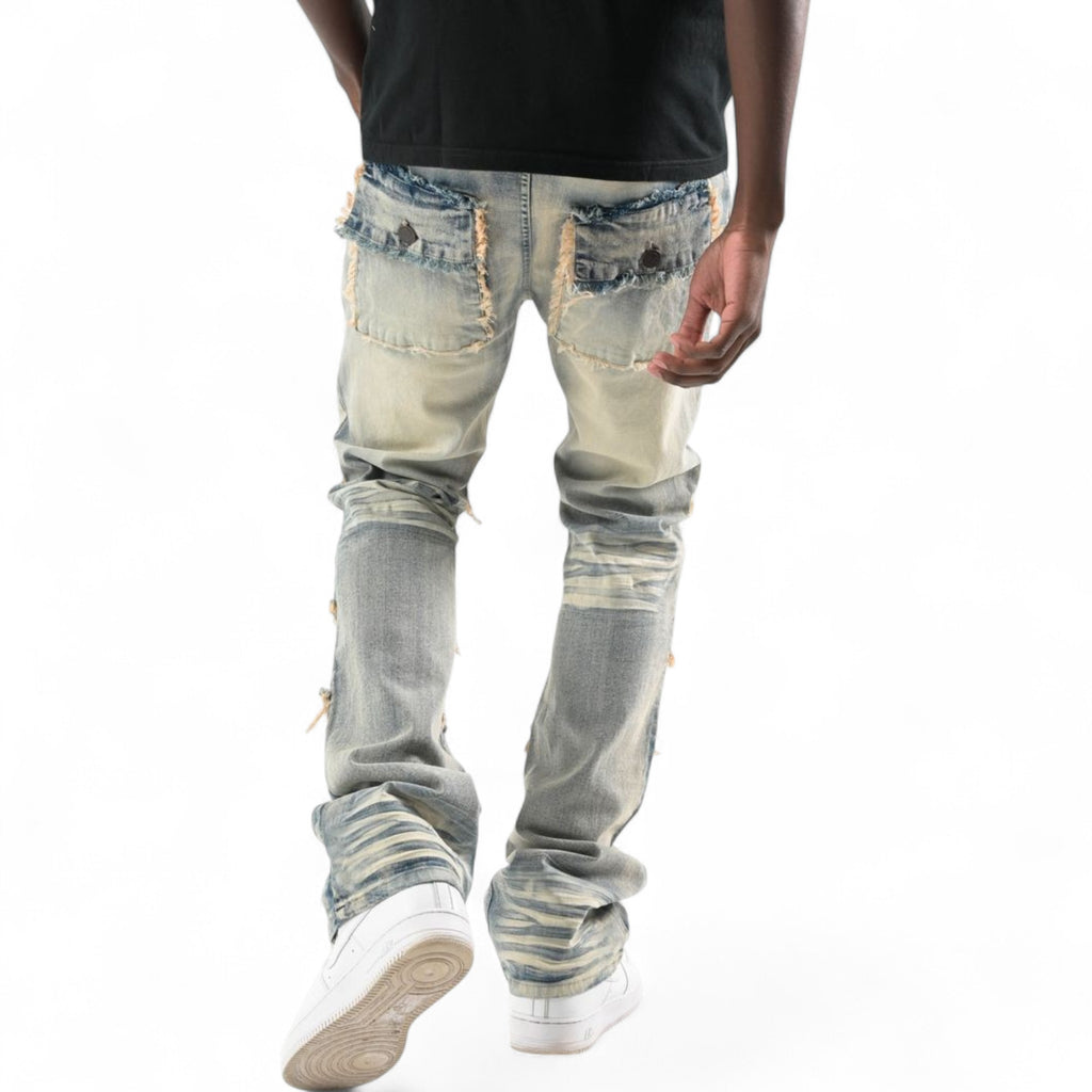 Men's Twill Multi Pockets Stacked Flare Denim In Tint