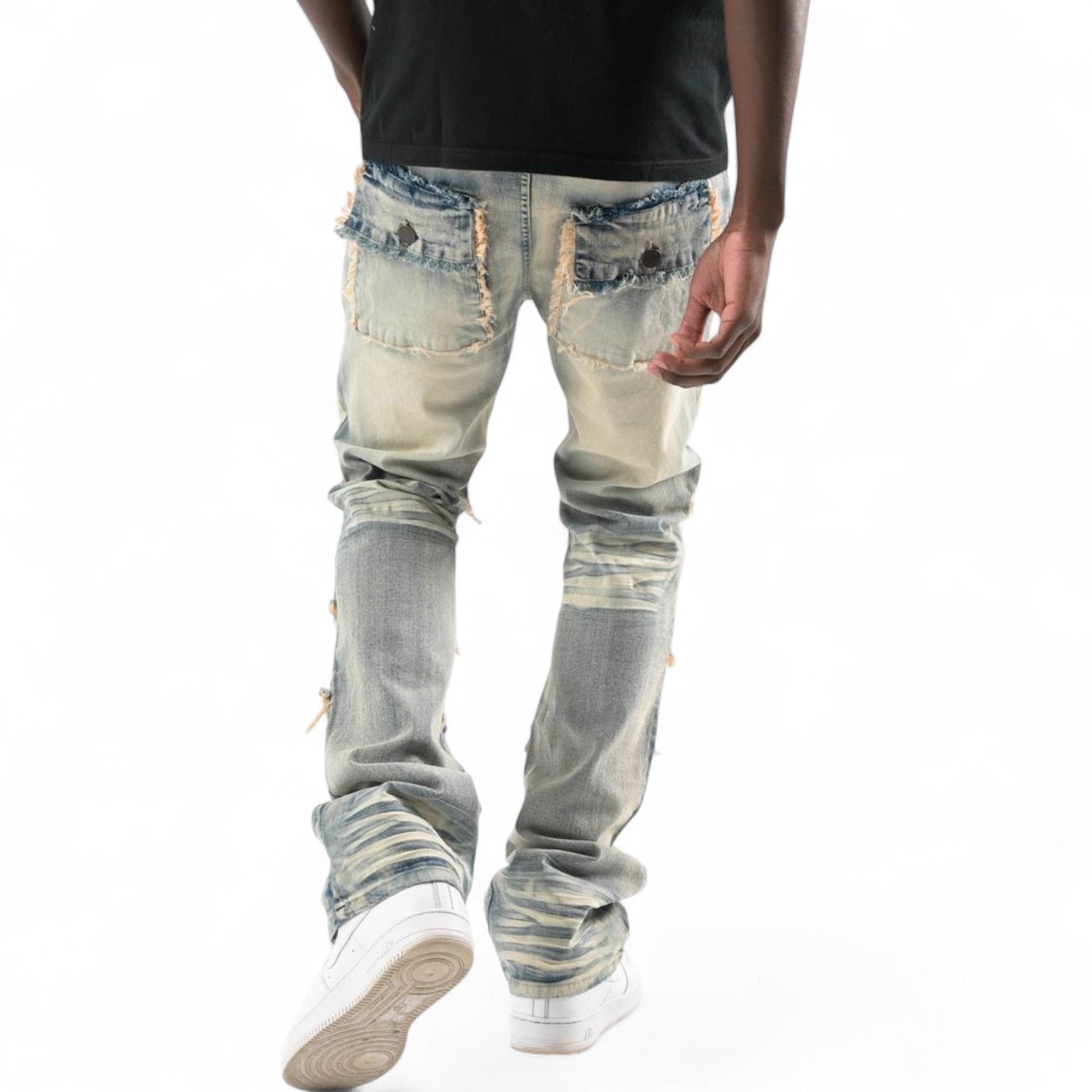 Men's Twill Multi Pockets Stacked Flare Denim In Tint