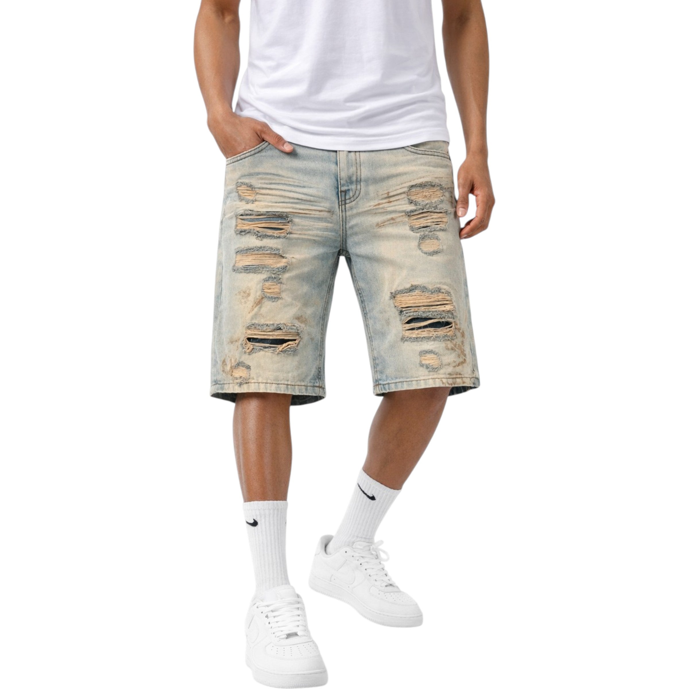 Men's Rip & Repair Relax Fit Denim Shorts In Dirt Wash