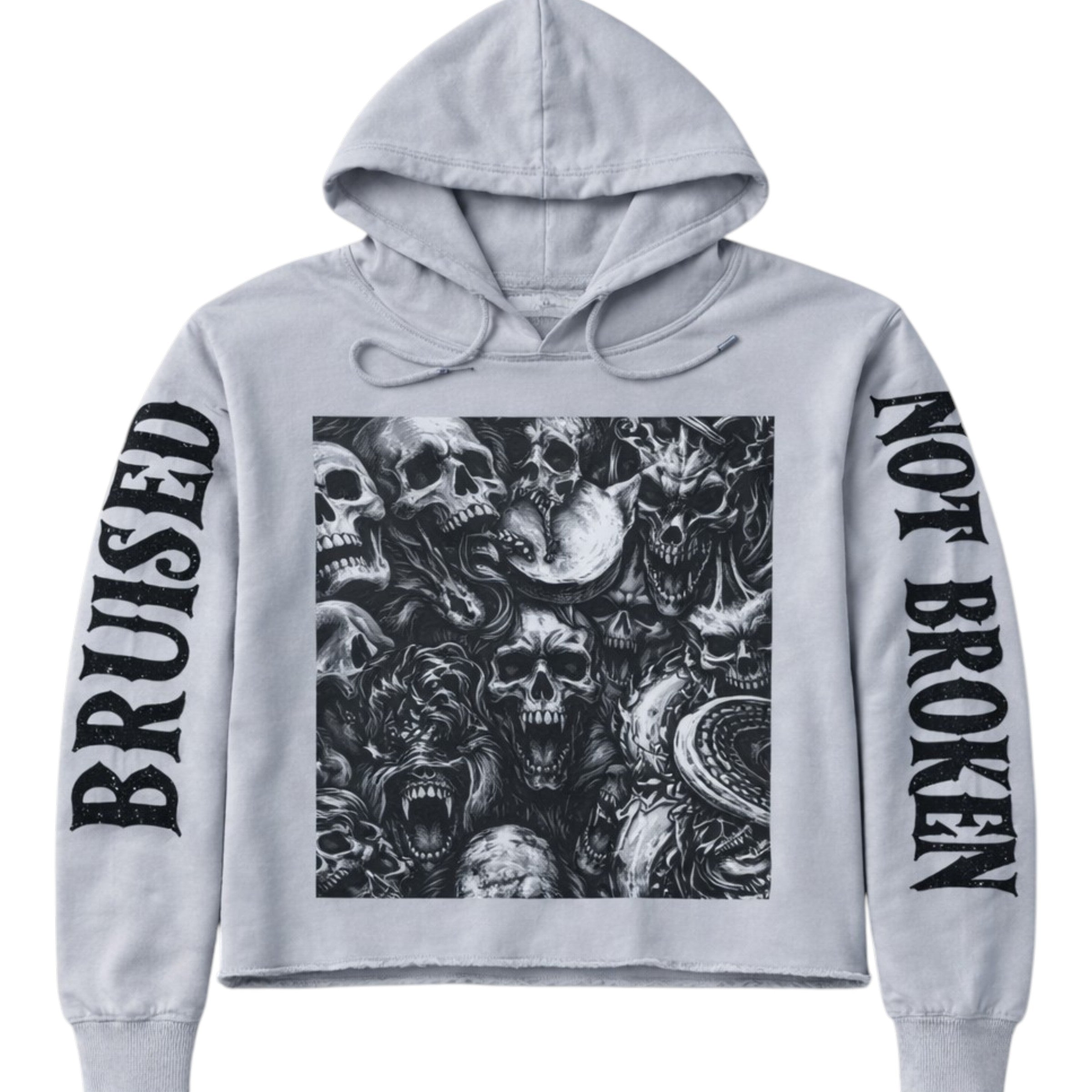 Men's Bruised Not Broken Skulls Cropped Hoodie in Grey