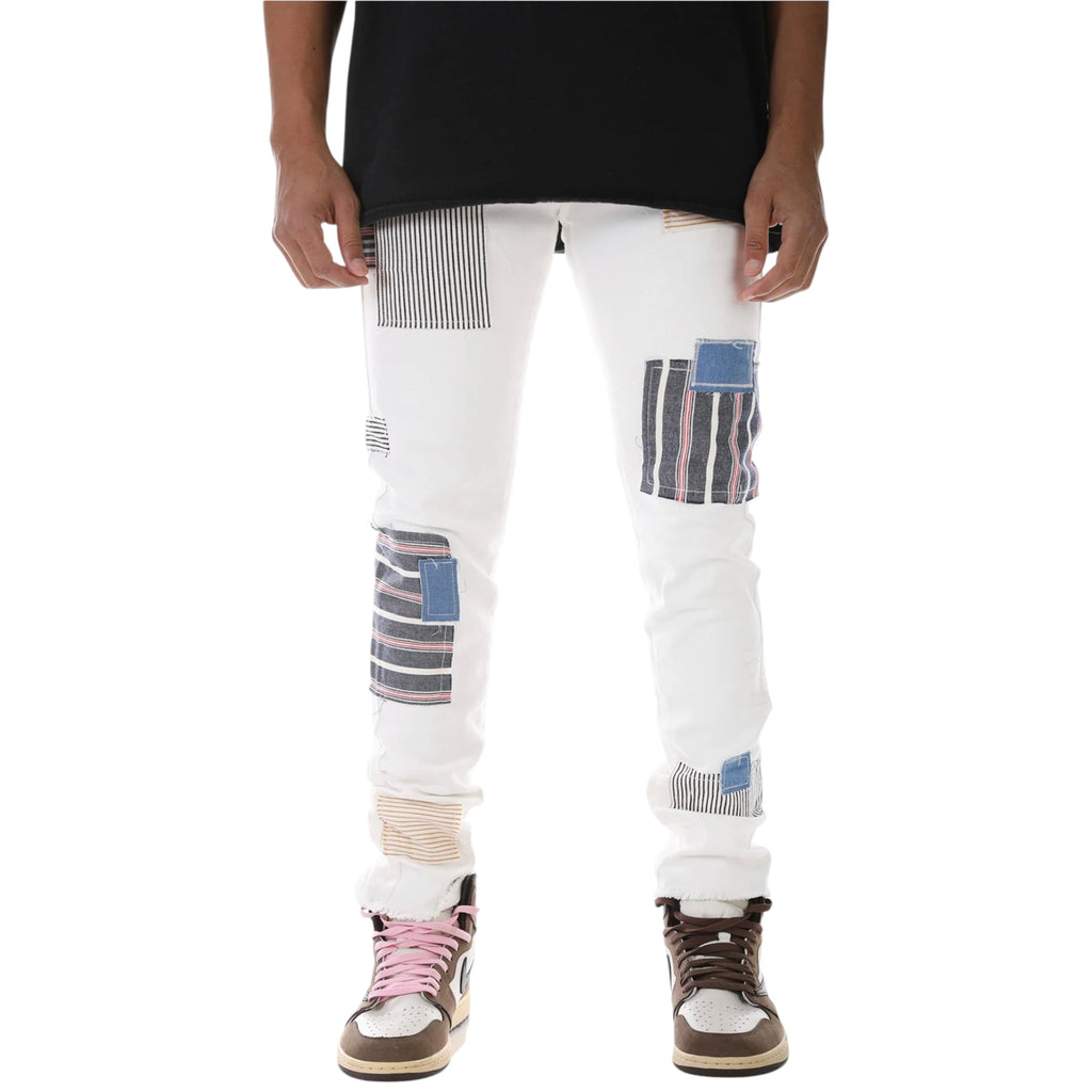 Men's Skinny Fit Multi Color Patched Denim In White