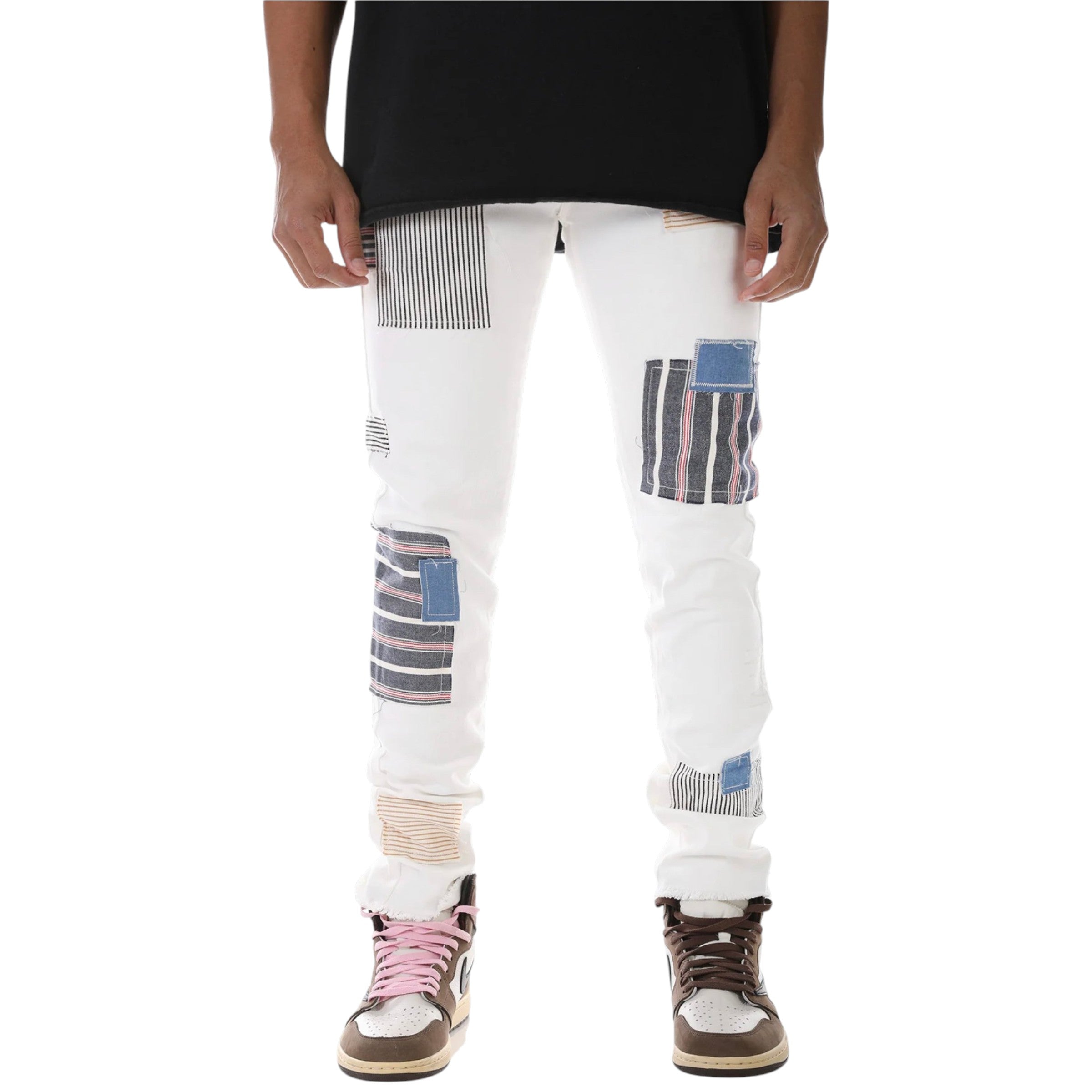 Men's Skinny Fit Multi Color Patched Denim In White