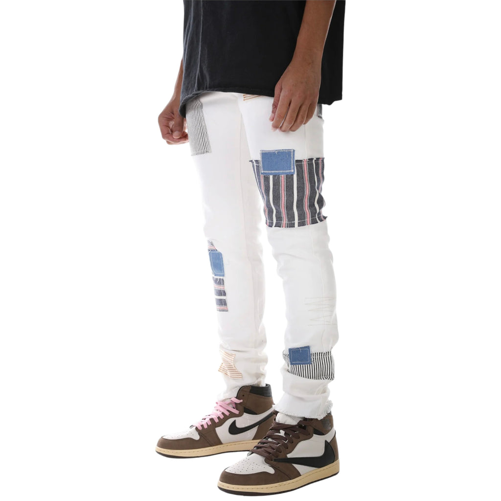 Men's Skinny Fit Multi Color Patched Denim In White