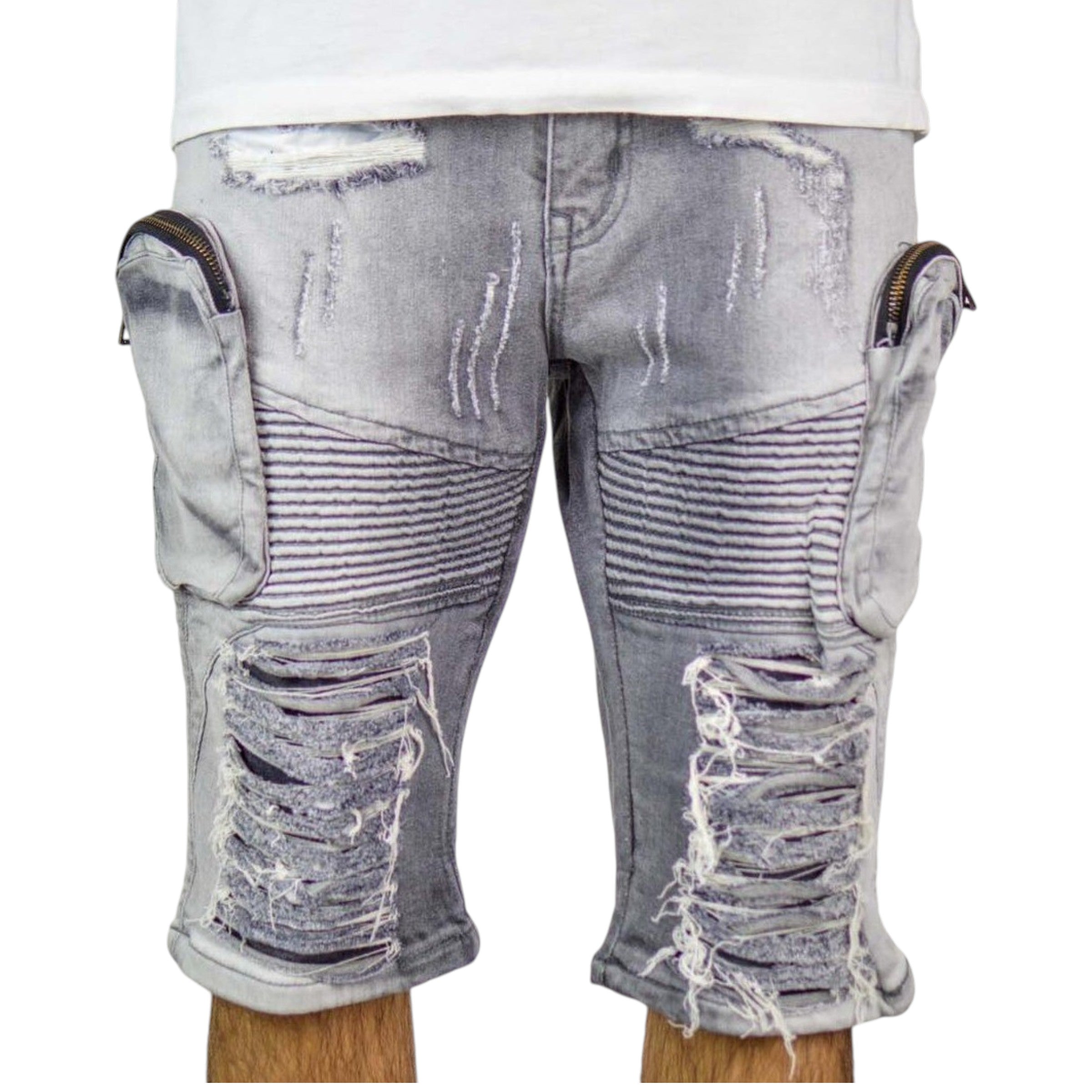 Men's Distressed Cargo Pockets Shorts In Grey