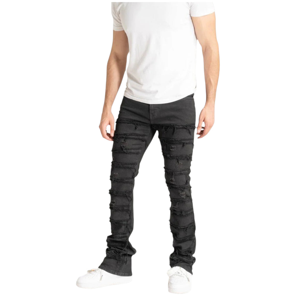 Men's Stretch Distressed Stacked Flare Denim In Jet Black
