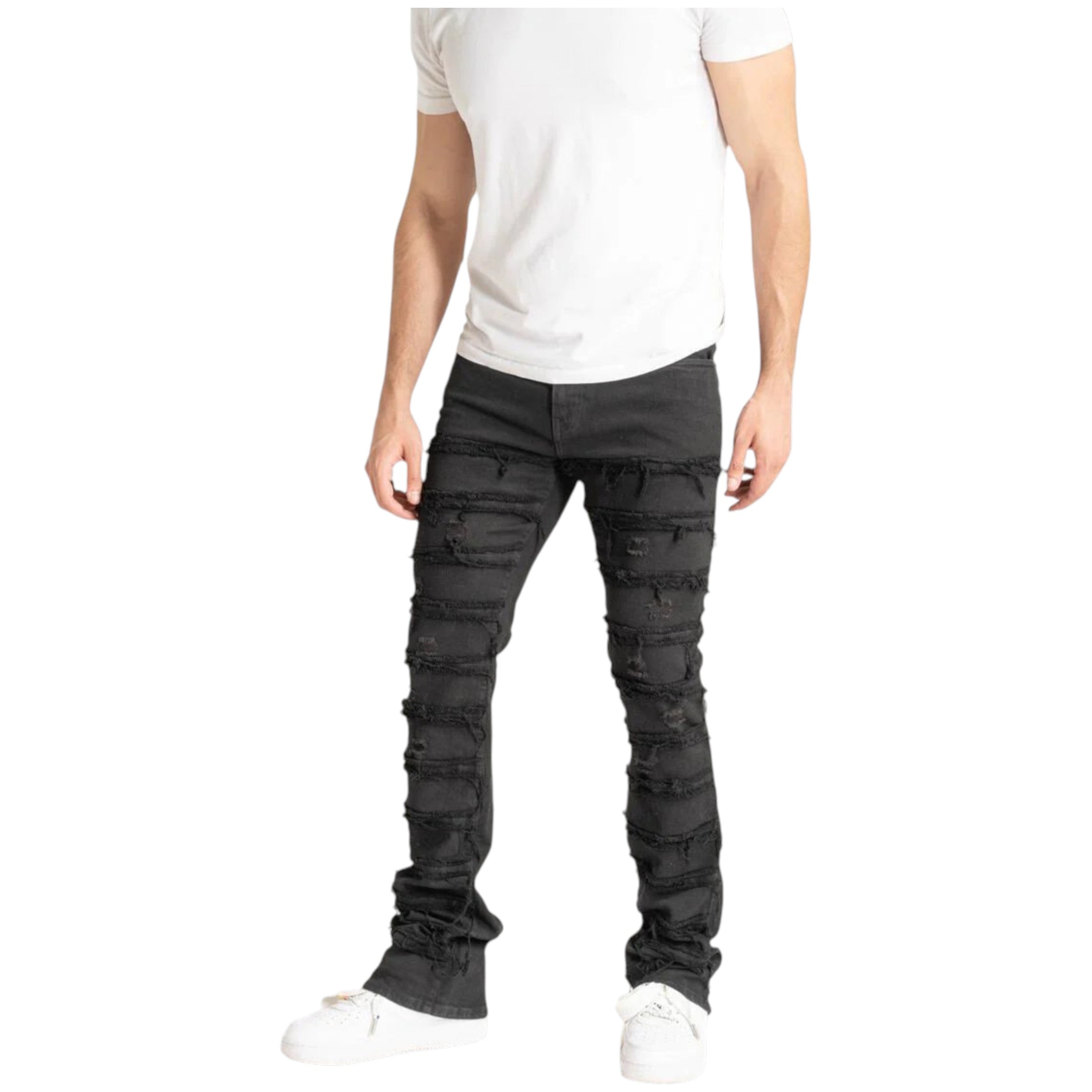 Men's Stretch Distressed Stacked Flare Denim In Jet Black