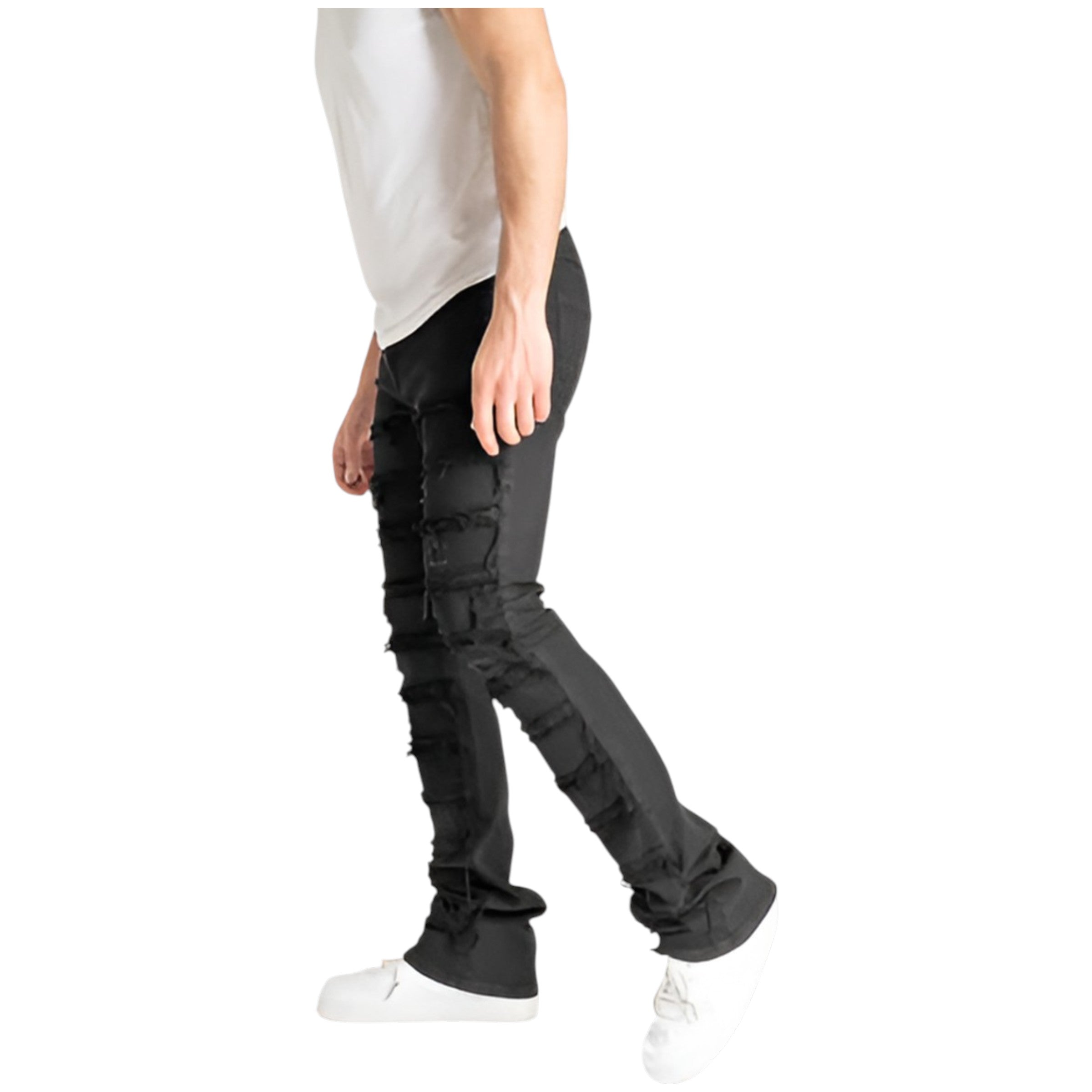 Men's Stretch Distressed Stacked Flare Denim In Jet Black