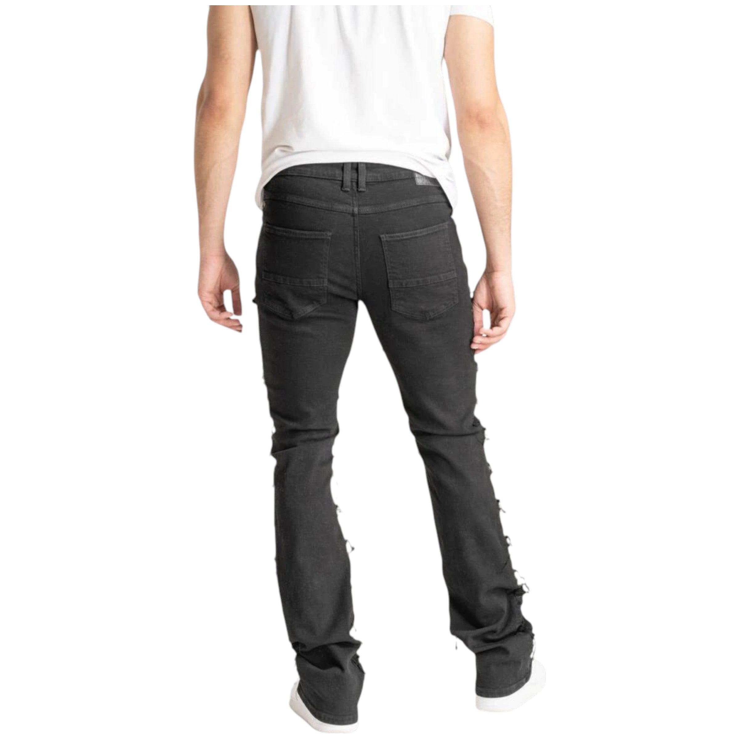 Men's Stretch Distressed Stacked Flare Denim In Jet Black