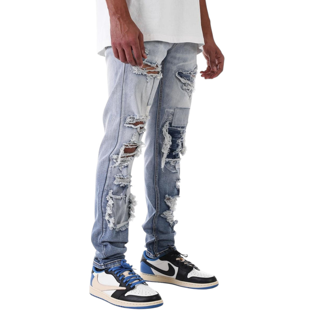 Slim Fit Ripped Distressed Denim In Faded Blue