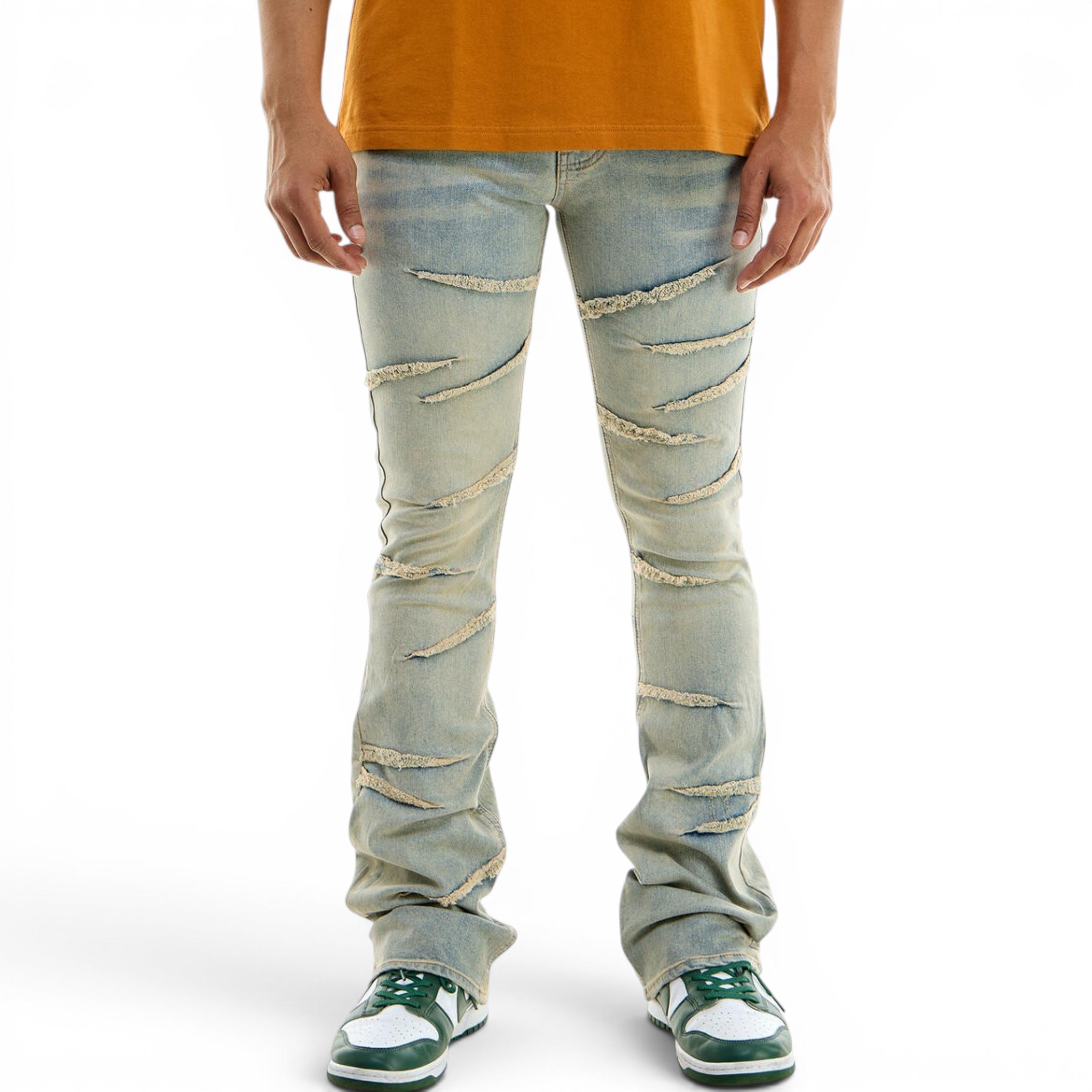 Men's Raw Edge Skinny Stacked Flare Denim In Blue