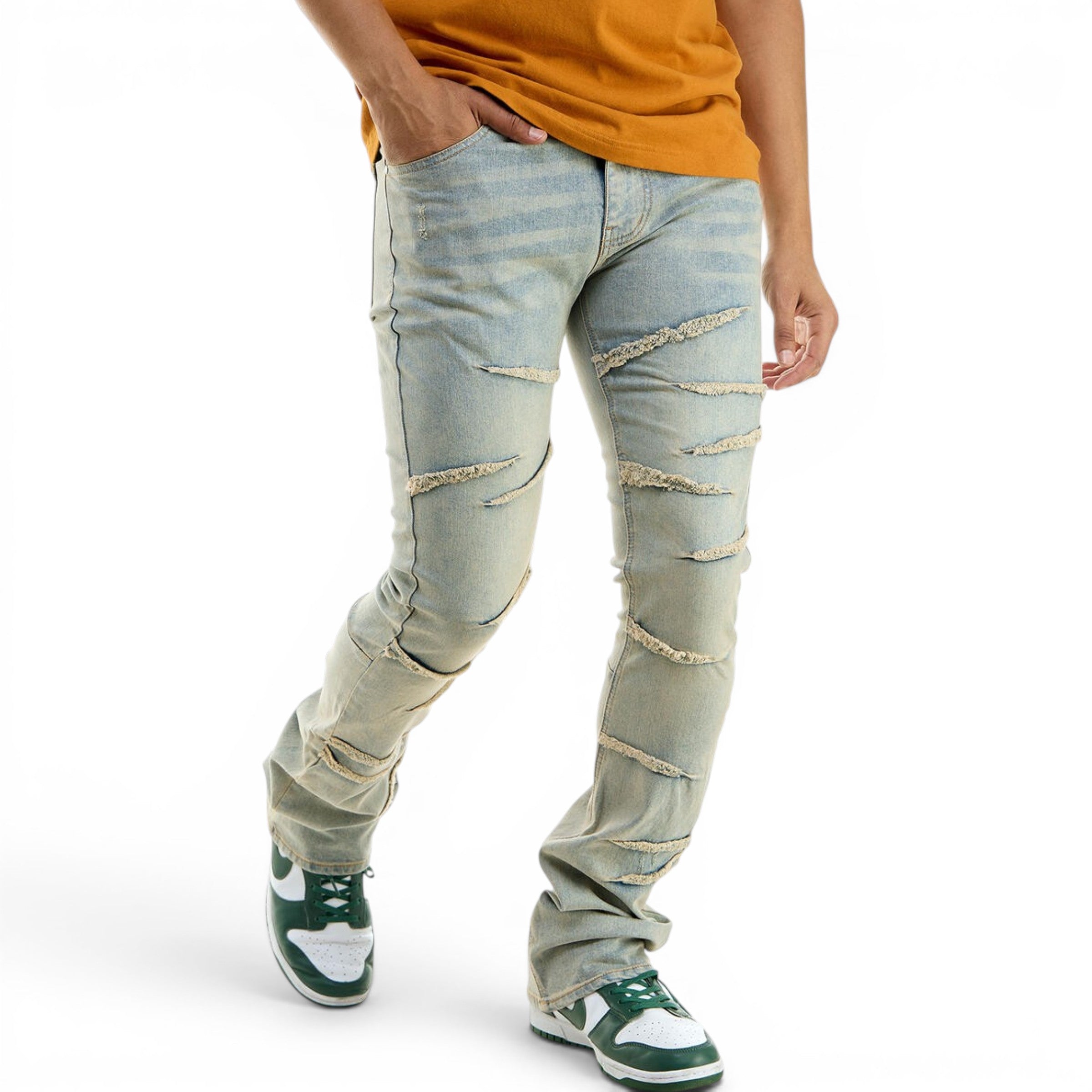 Men's Raw Edge Skinny Stacked Flare Denim In Blue