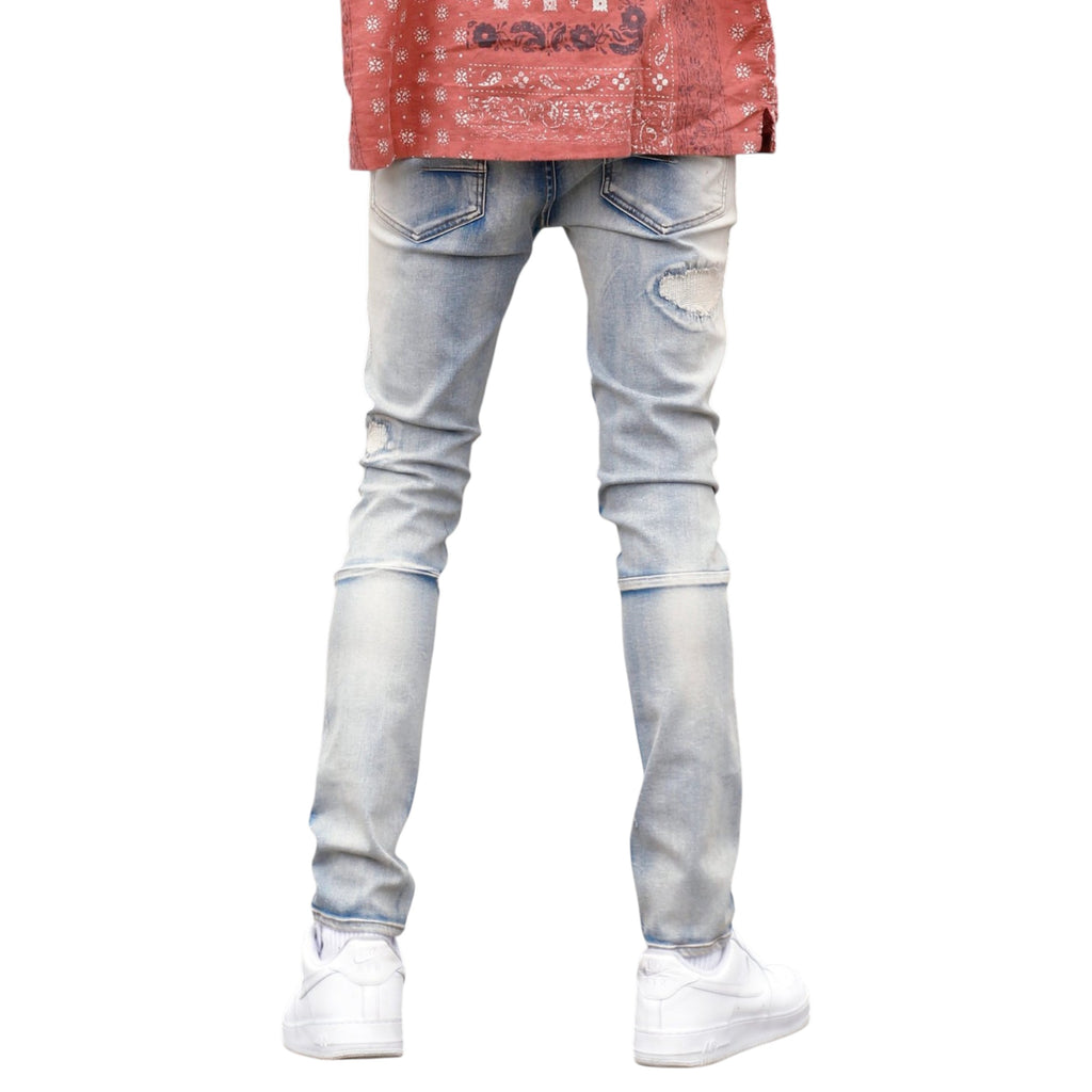 Slim Fit Rip & Repair Distressed Ripped Denim In Blue