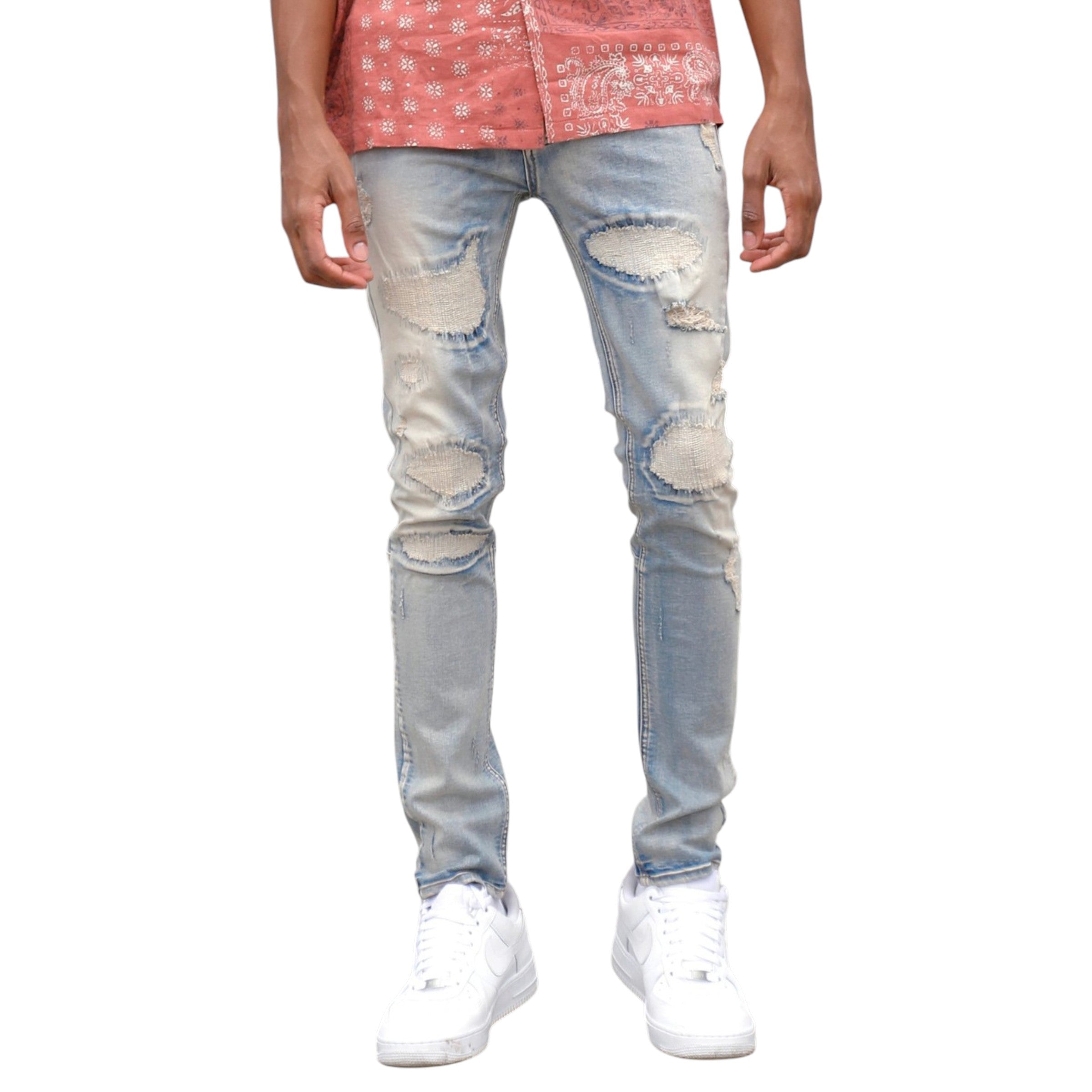 Slim Fit Rip & Repair Distressed Ripped Denim In Blue