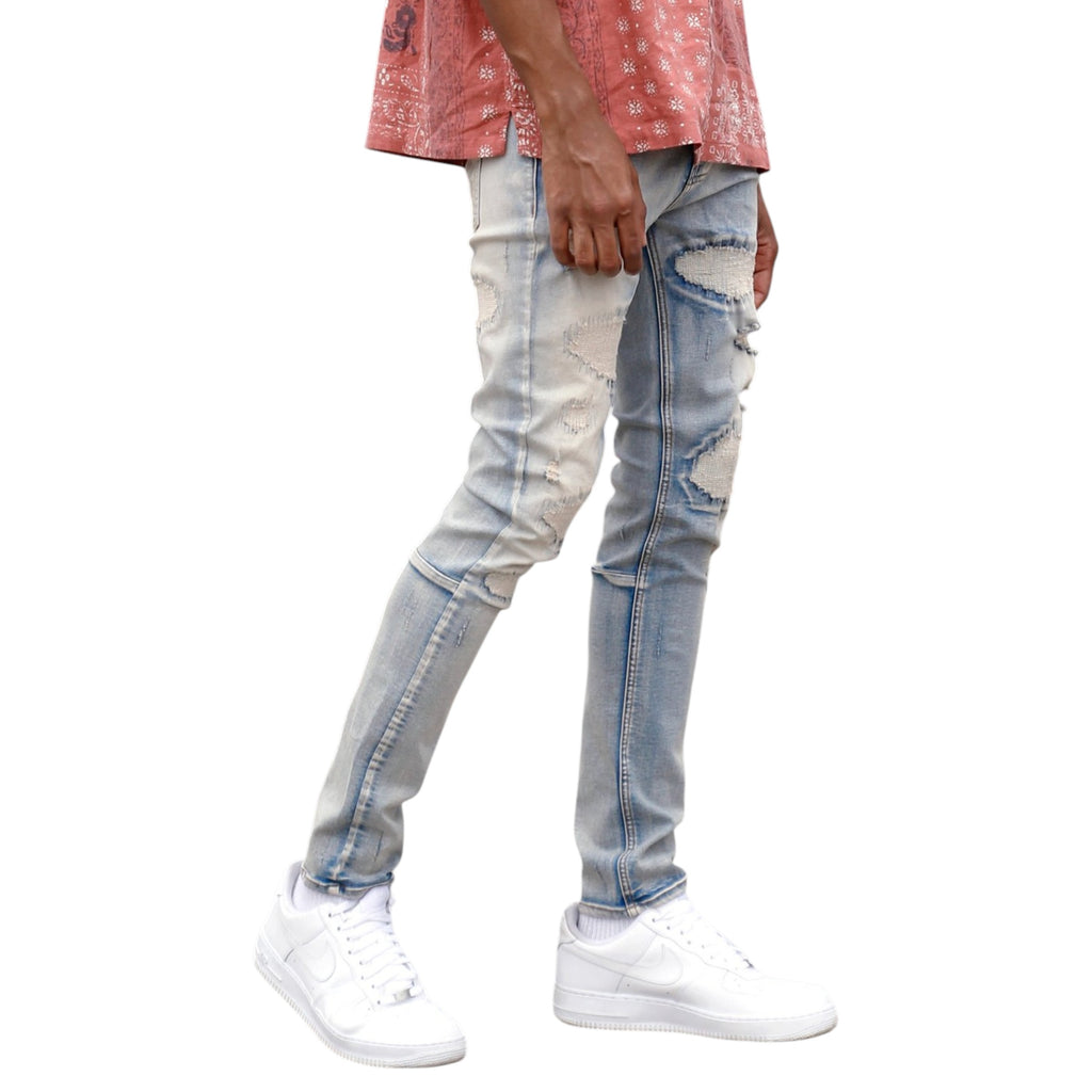 Slim Fit Rip & Repair Distressed Ripped Denim In Blue