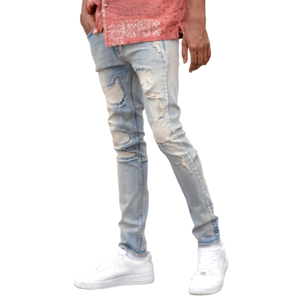 Slim Fit Rip & Repair Distressed Ripped Denim In Blue