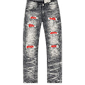Men's Slim Fit Crystal Distressed Denim In Washed Black And Red
