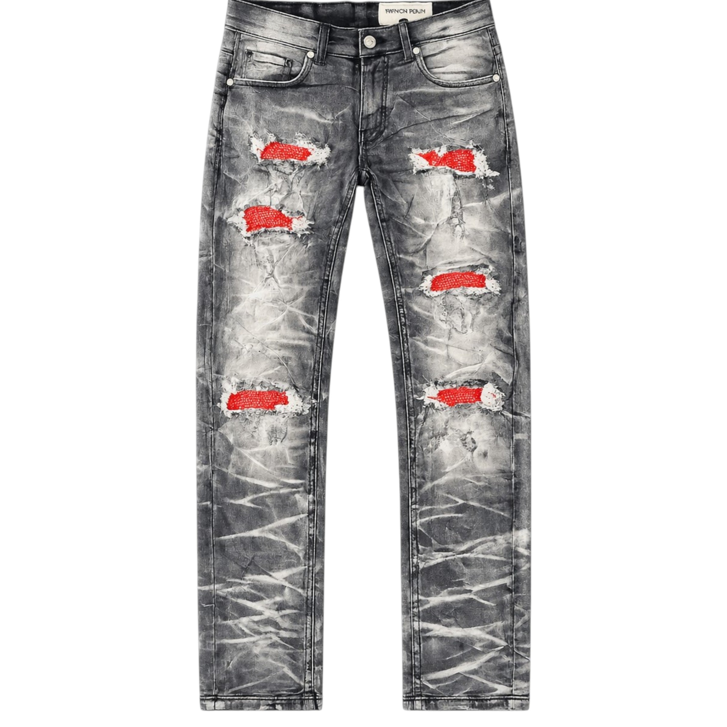 Men's Slim Fit Crystal Distressed Denim In Washed Black And Red