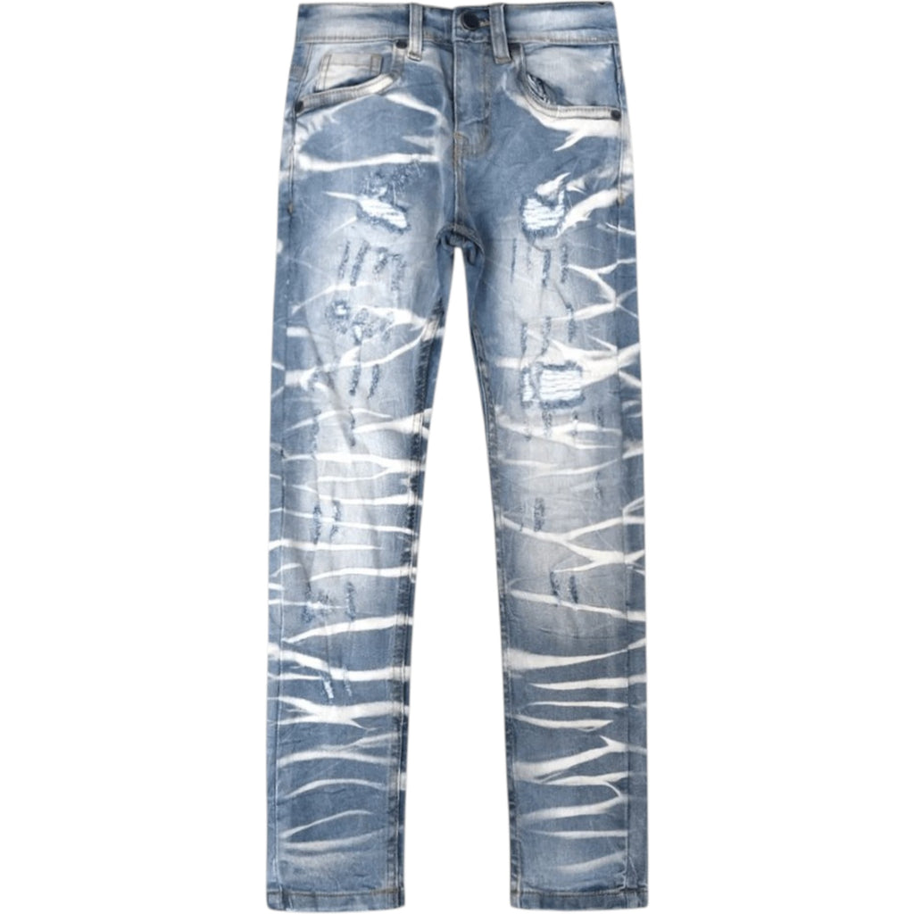 Blue distressed jeans on a white background