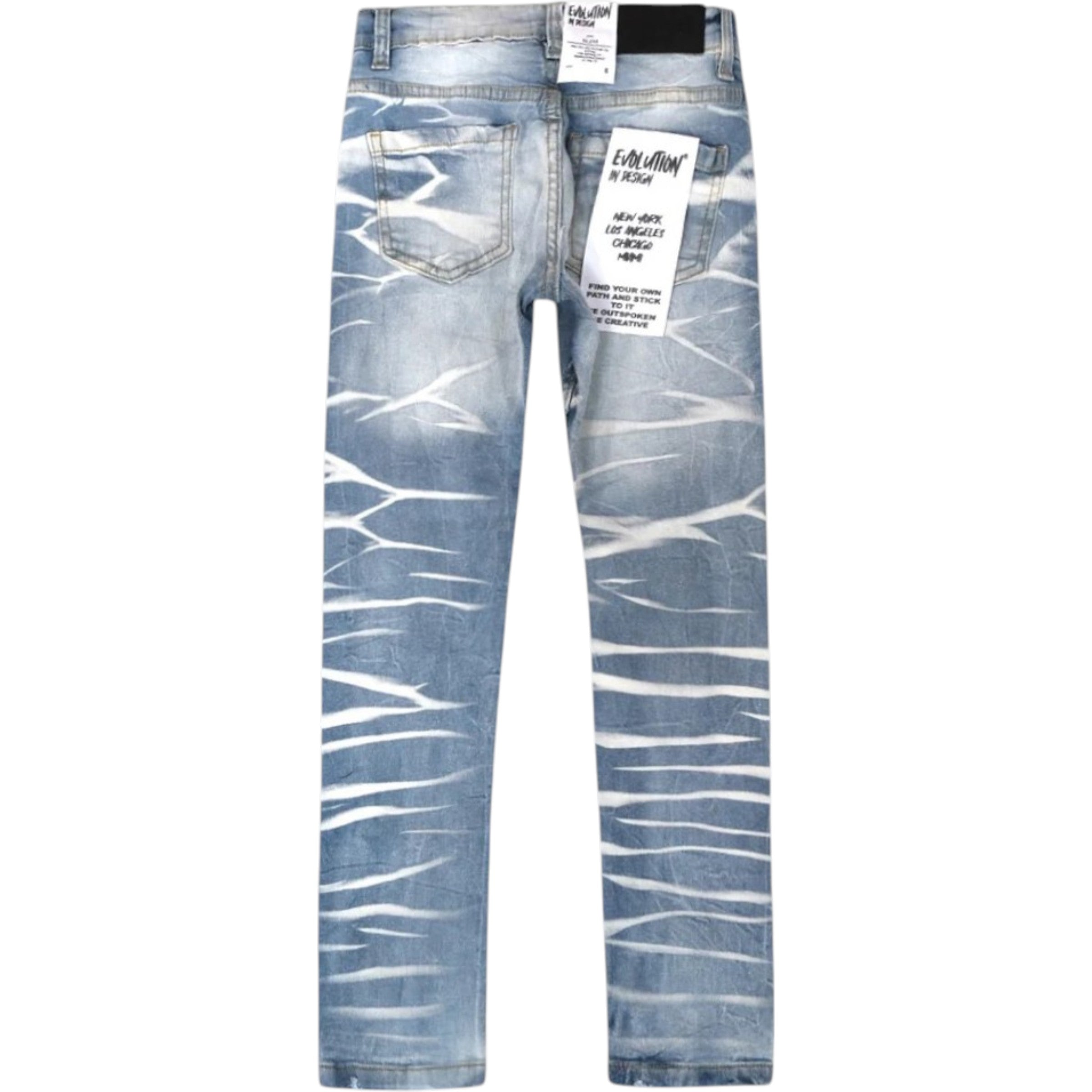 Light blue jeans with a pattern on a white background