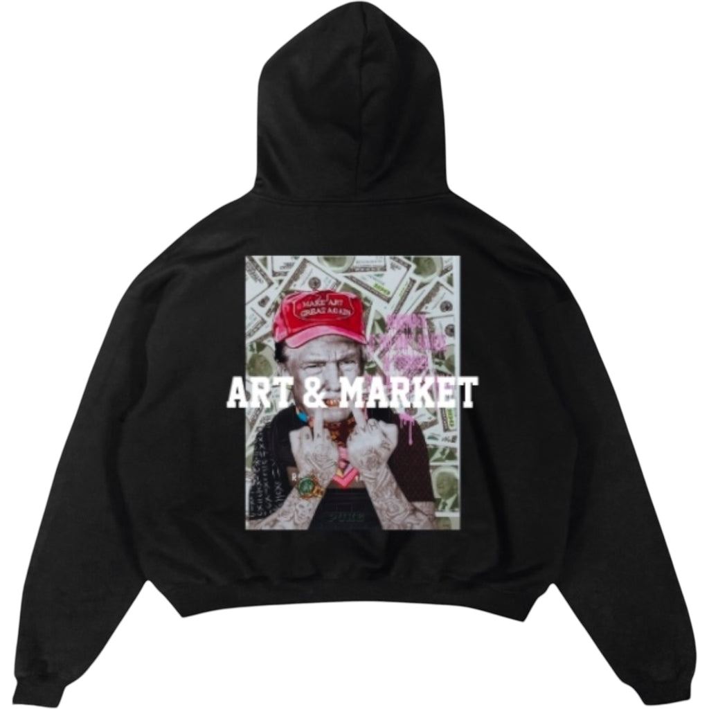 Black hoodie with a graphic design on the back featuring text and images.