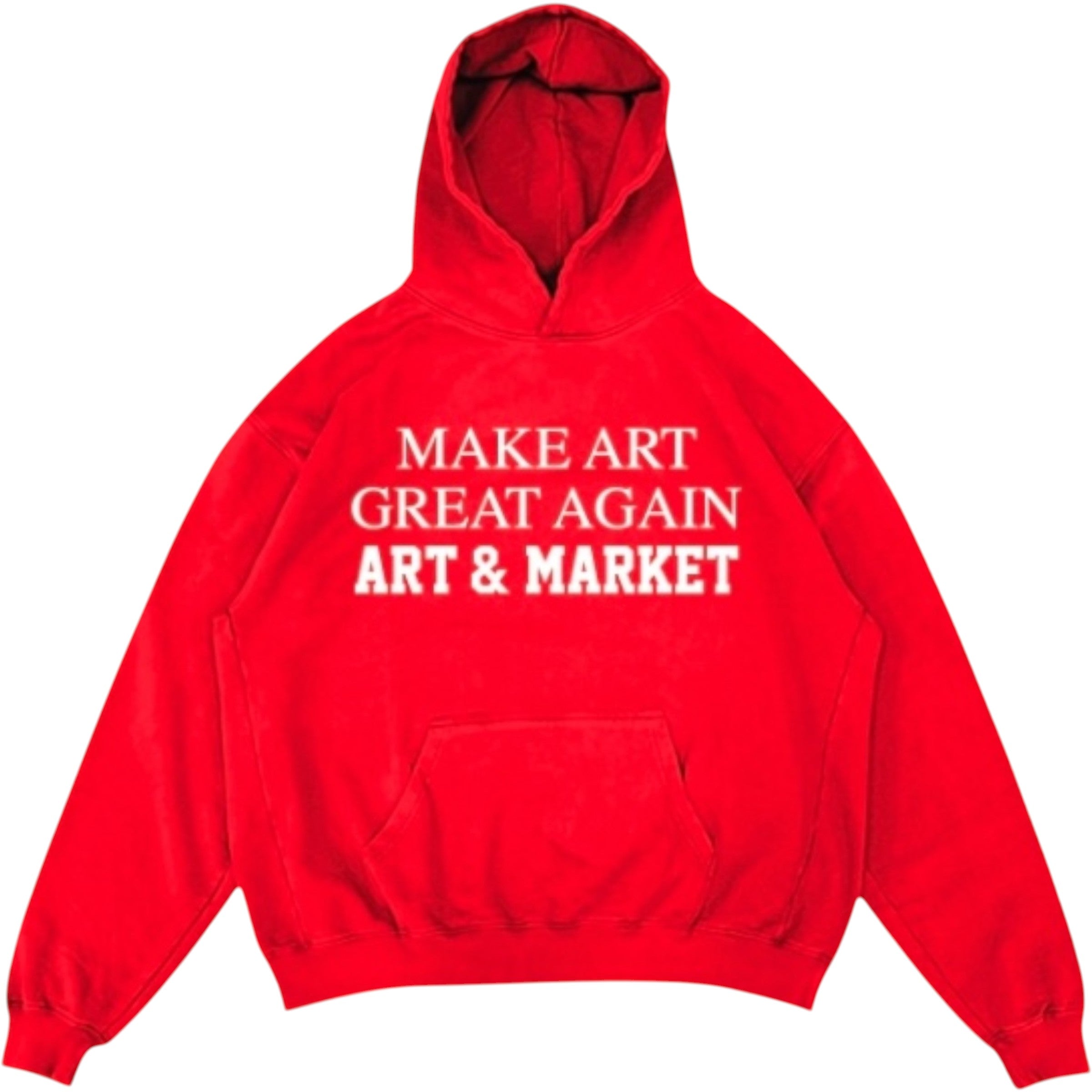 Red hoodie with white text 'MAKE ART GREAT AGAIN ART & MARKET' oversized hoodies cropped graphic tee