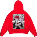 Red hoodie with graphic design and text on a white background