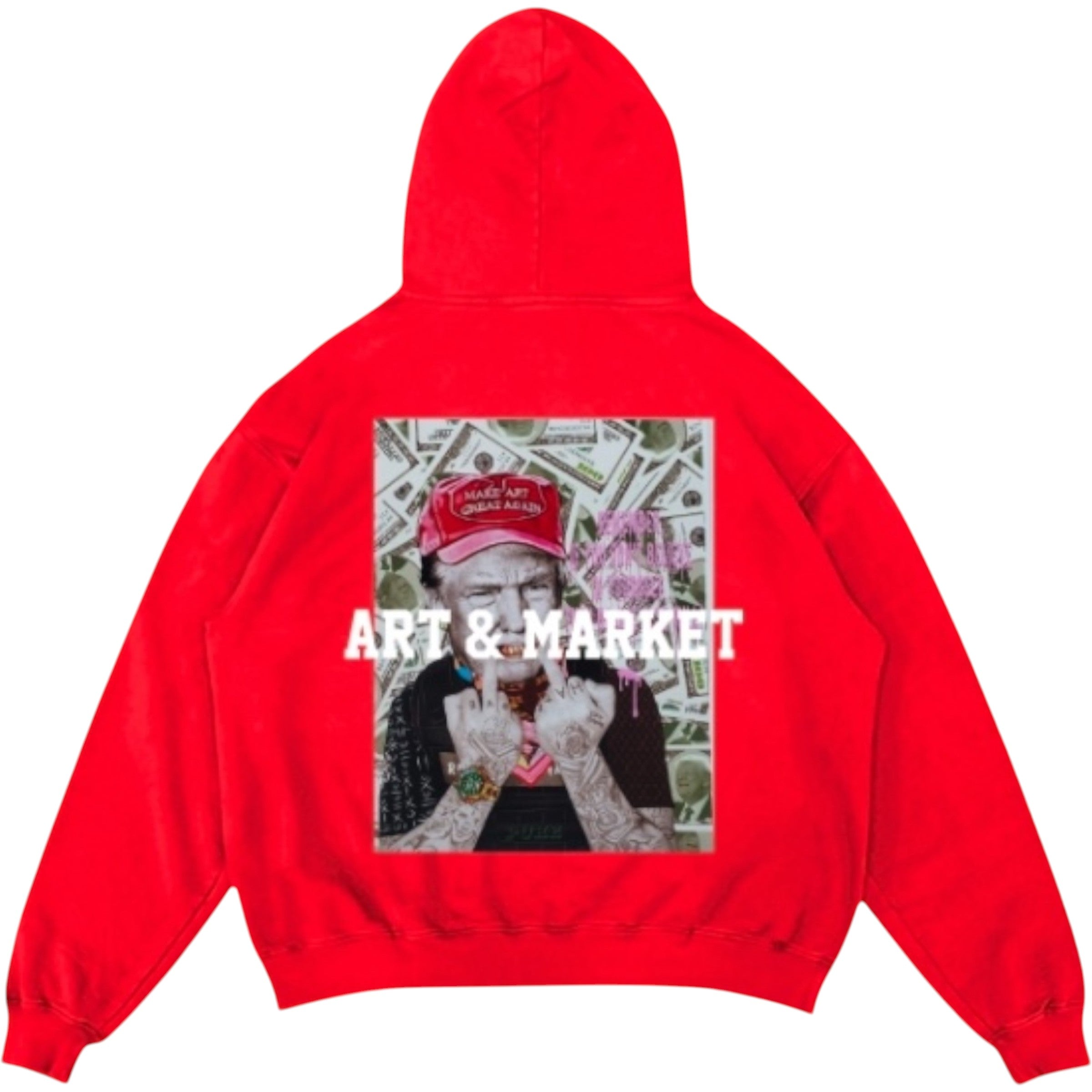 Red hoodie with graphic design and text on a white background