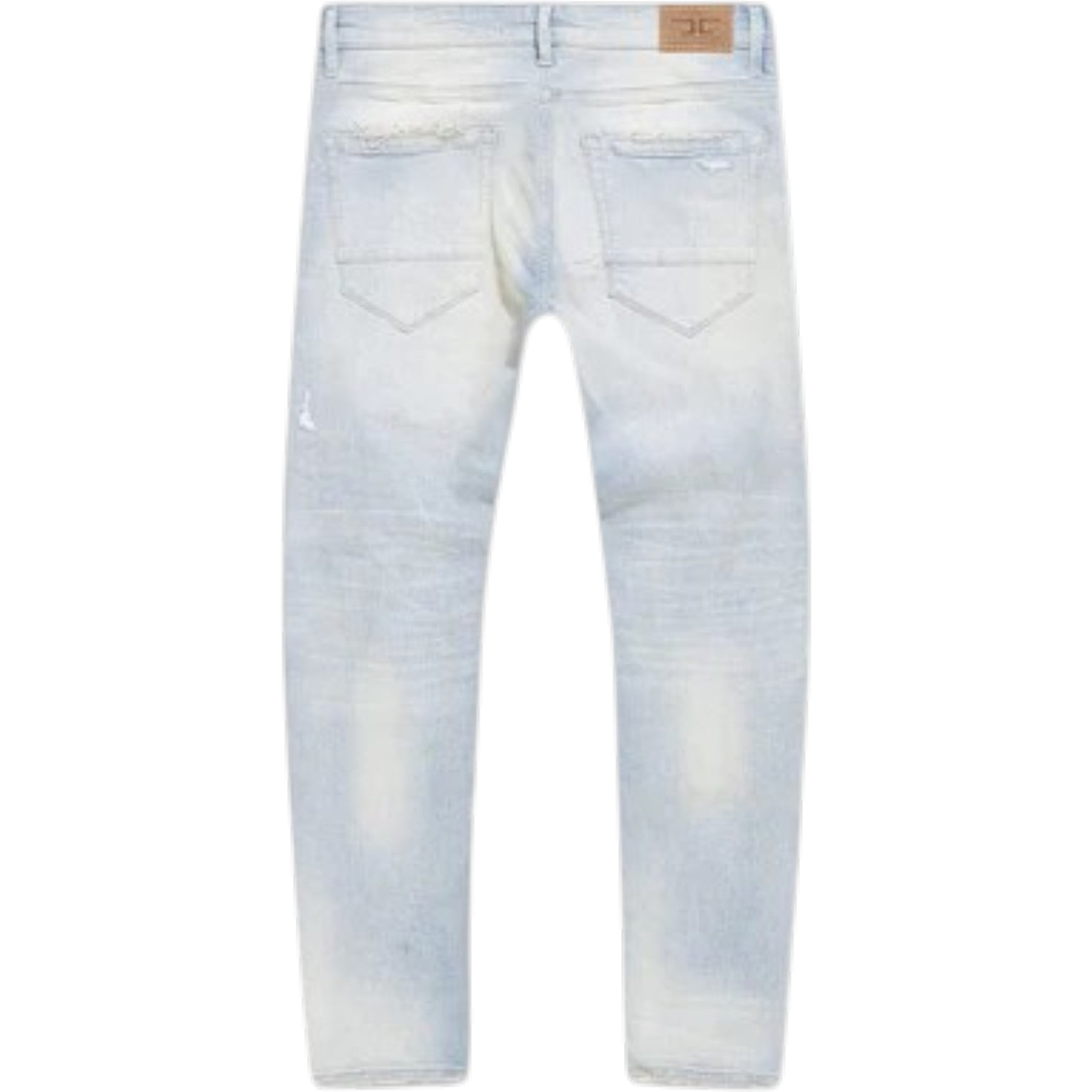 Light blue distressed jeans on a white background