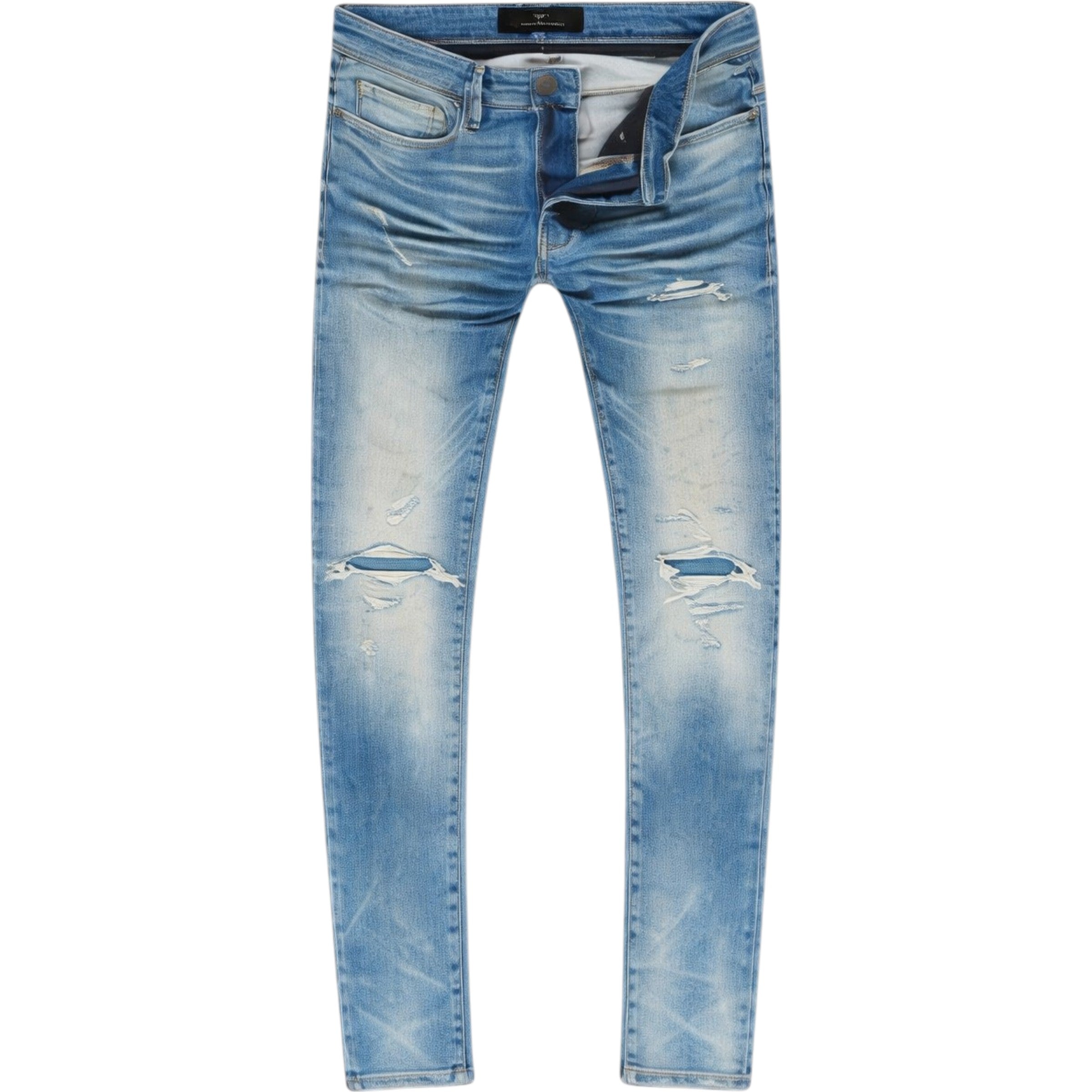 Blue distressed jeans on a white background