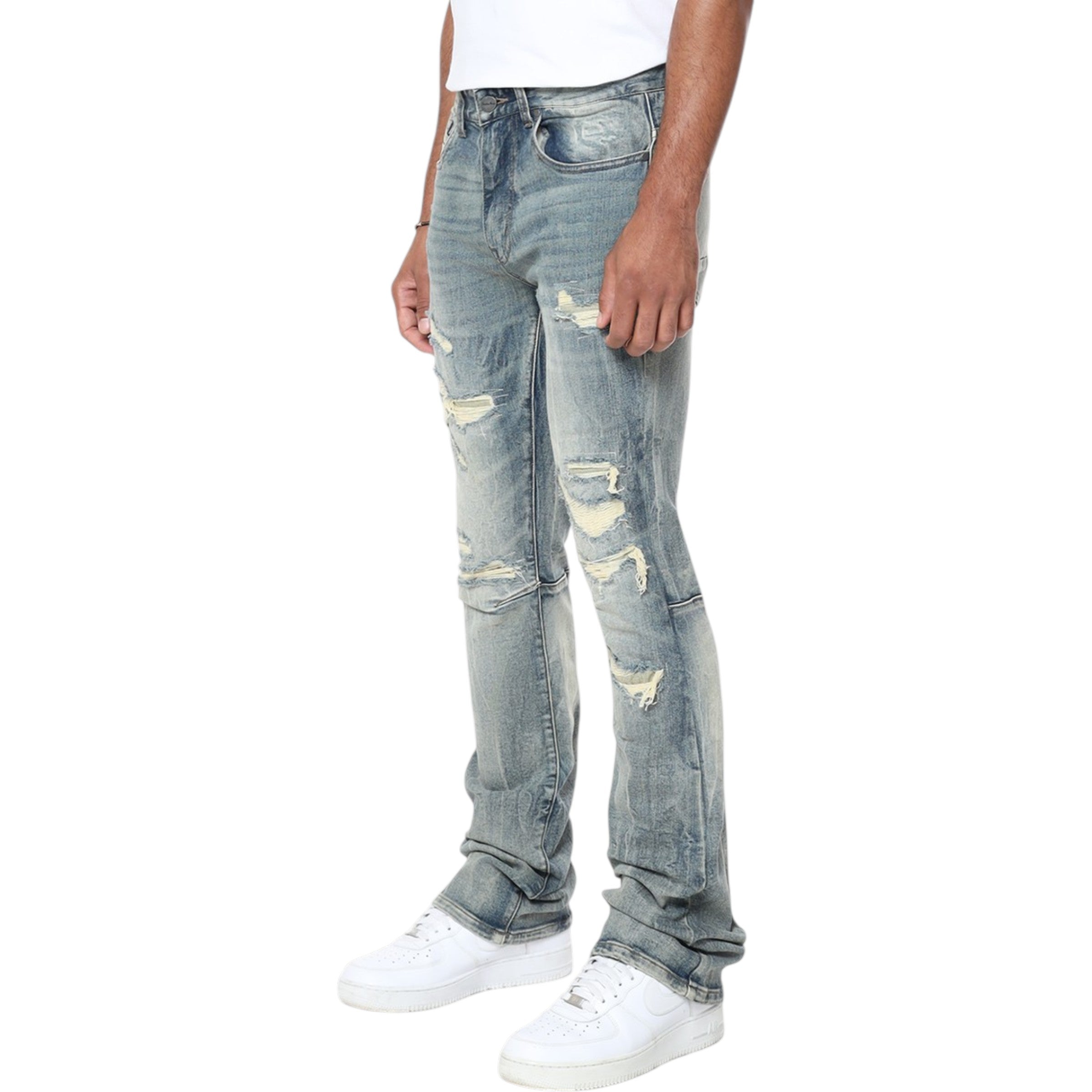 MEN'S Slim Fit Vintage Washed Stacked Flare Denim In Topaz Blue