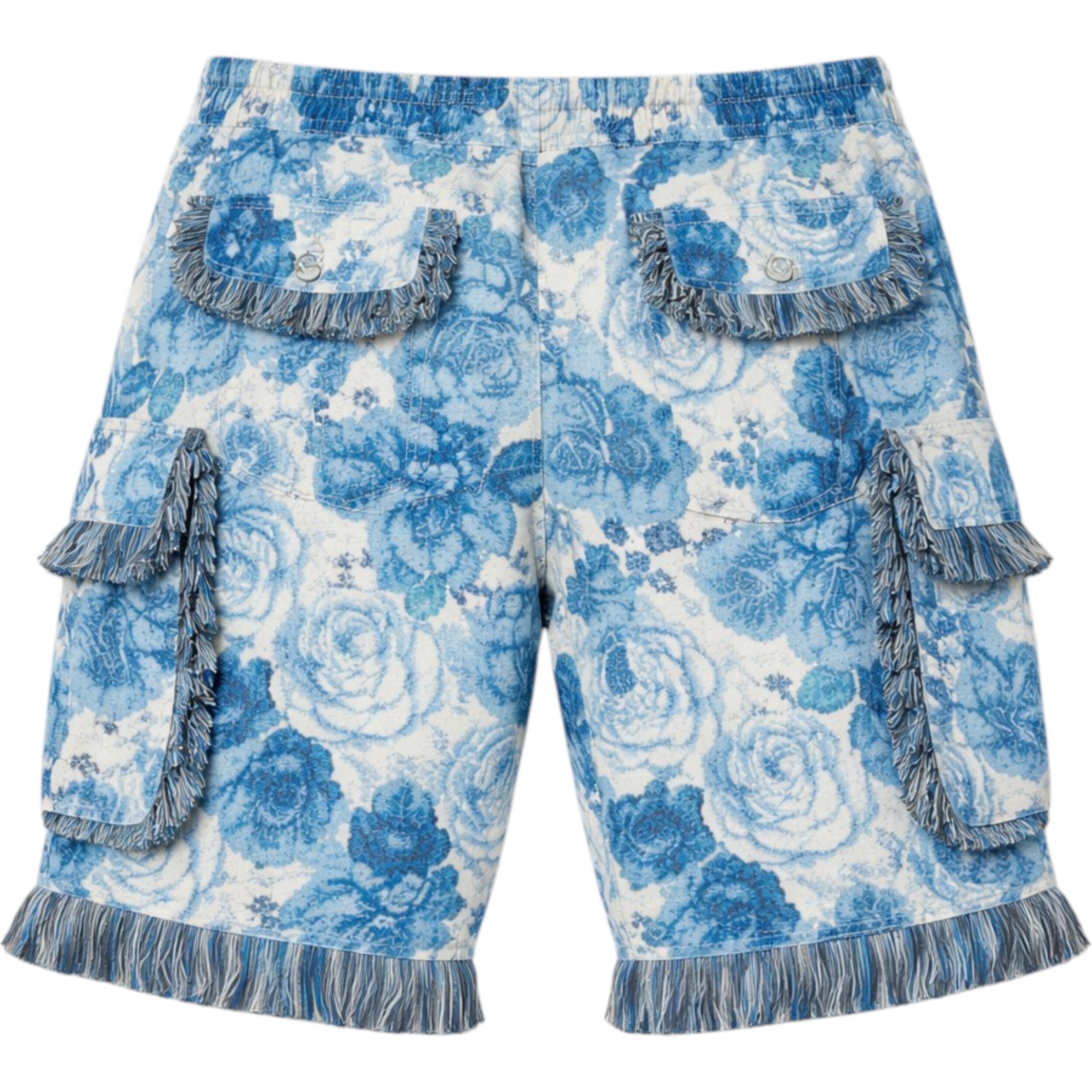 Blue floral shorts with fringe details on a white background