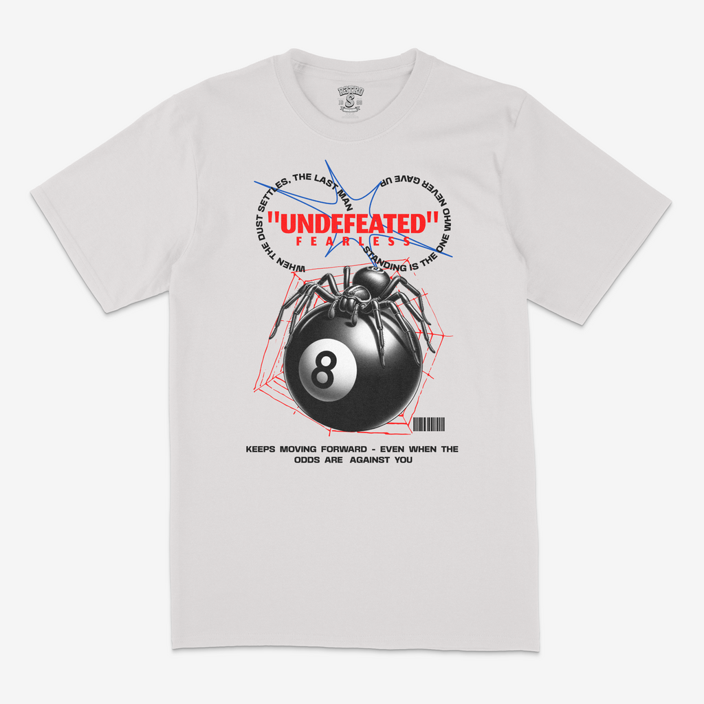 White t-shirt with a spider and 8-ball graphic and 'Undefeated' text on a white background