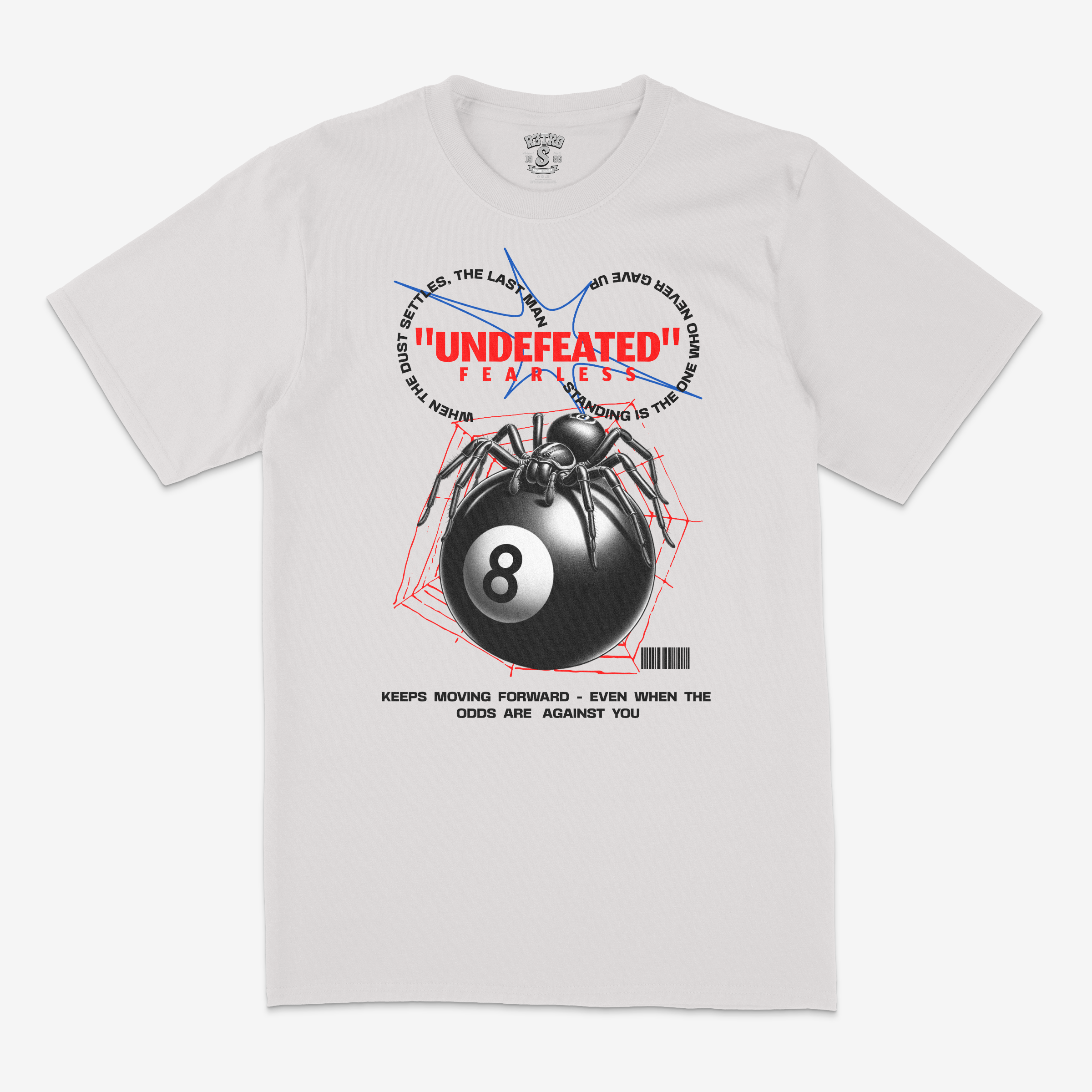 White t-shirt with a spider and 8-ball graphic and 'Undefeated' text on a white background